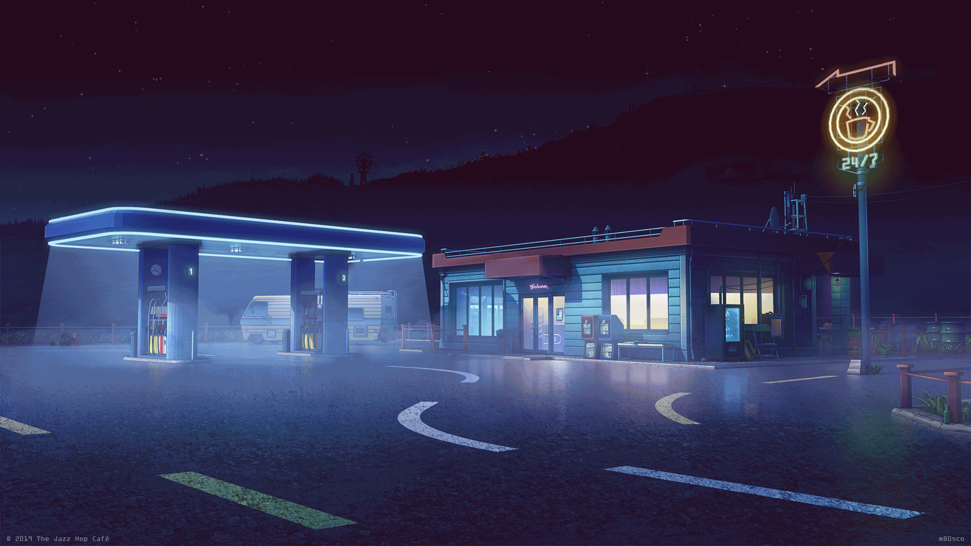 1920x1080 Gas Station, Bogdan mB0sco. Gas station, Pixel art landscape, Night aesthetic, Desktop