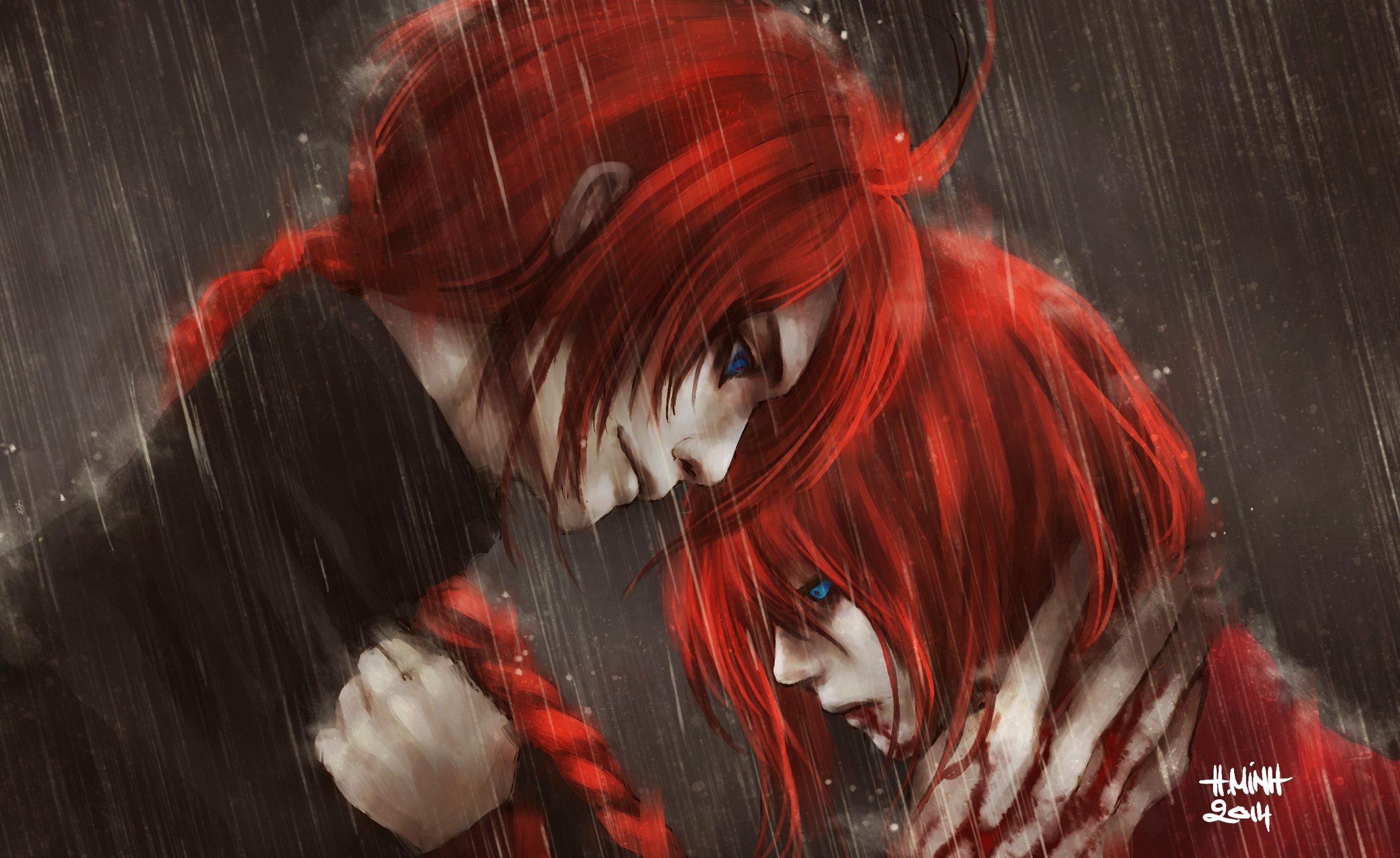 2450x1500 Anime series characters red hair blue eyes rain blood guy gintama, Desktop