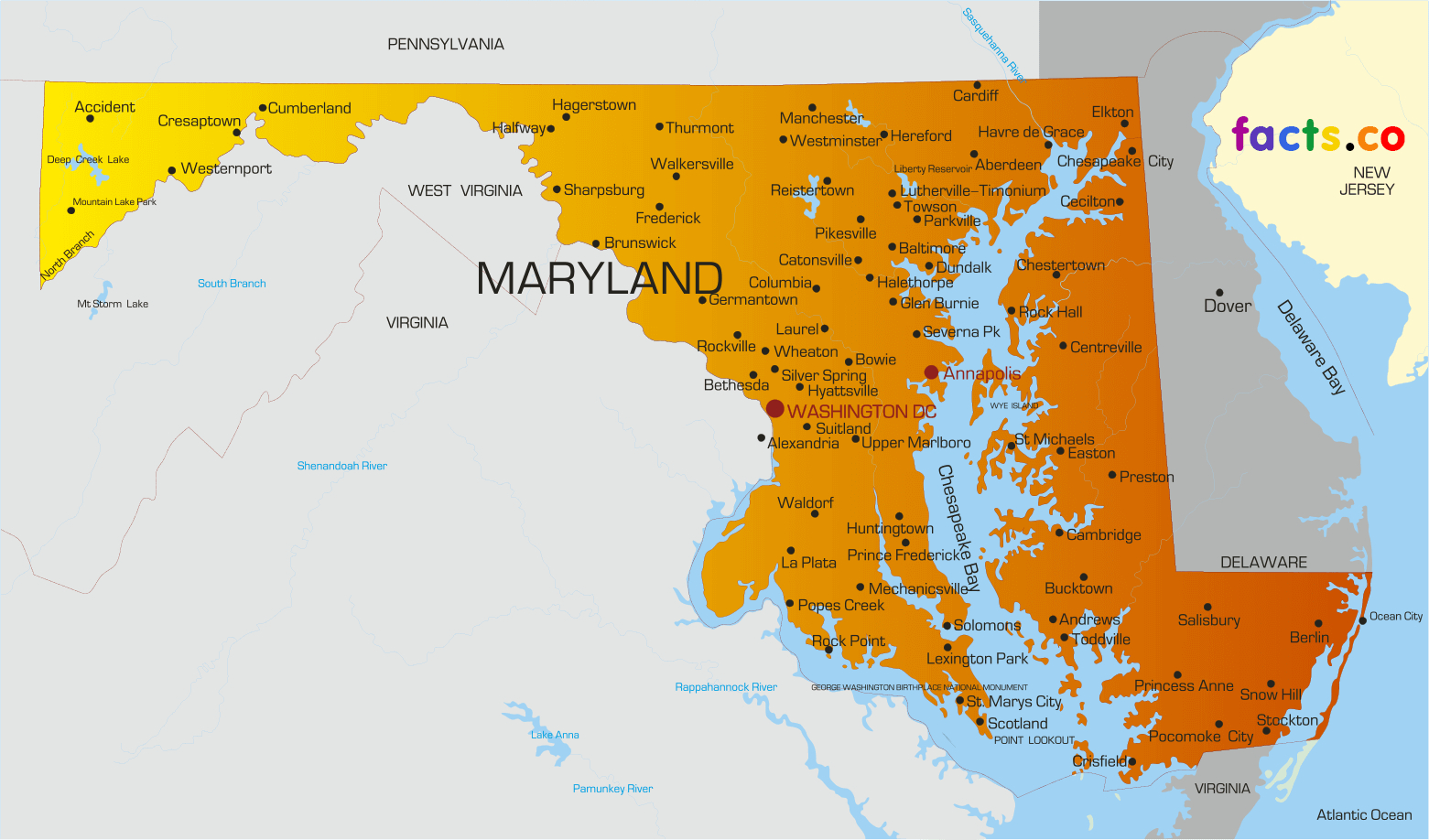 1570x920 Maryland Map With Cities, Desktop