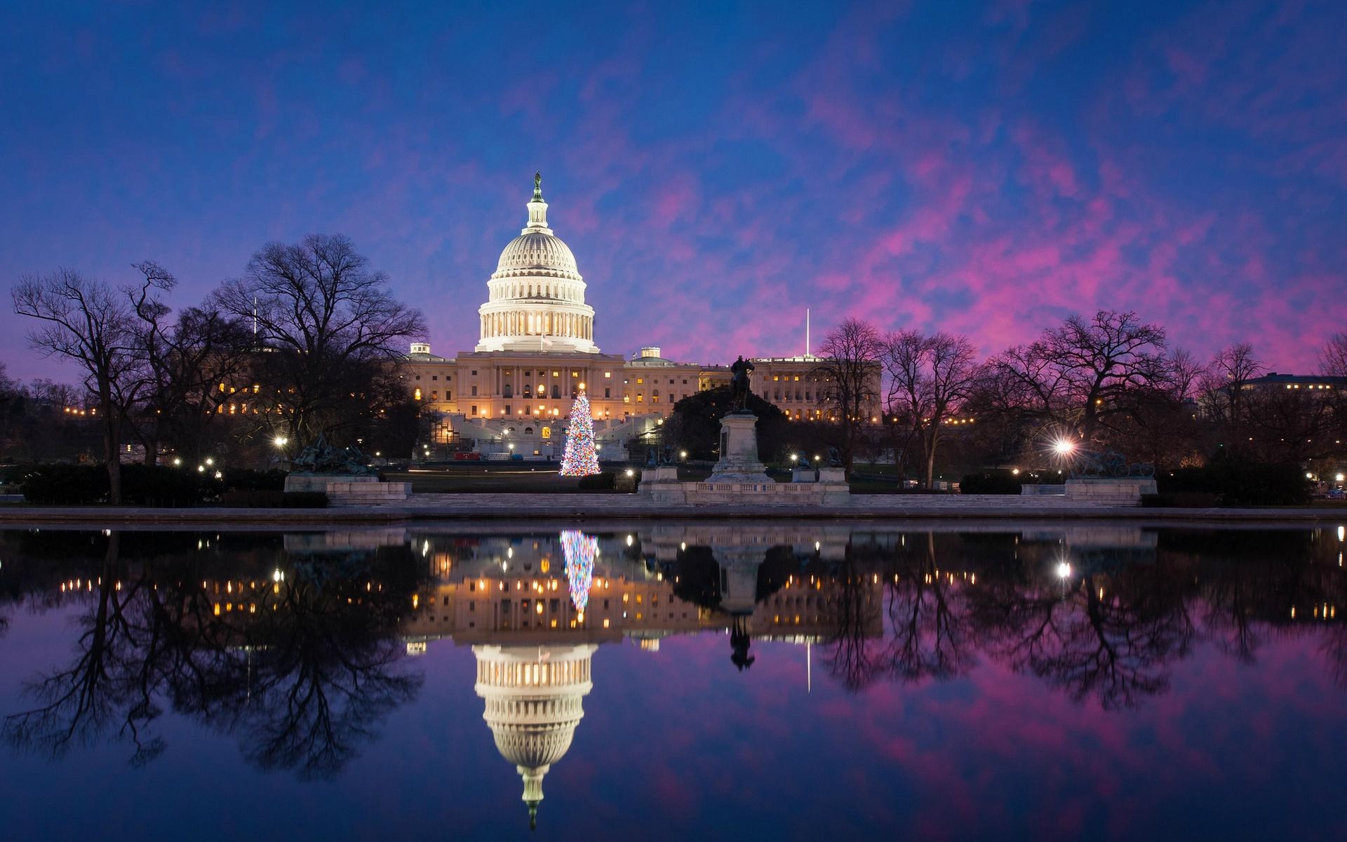 1920x1200 USA Winter Washington United states capitol lakes pond reflection, Desktop