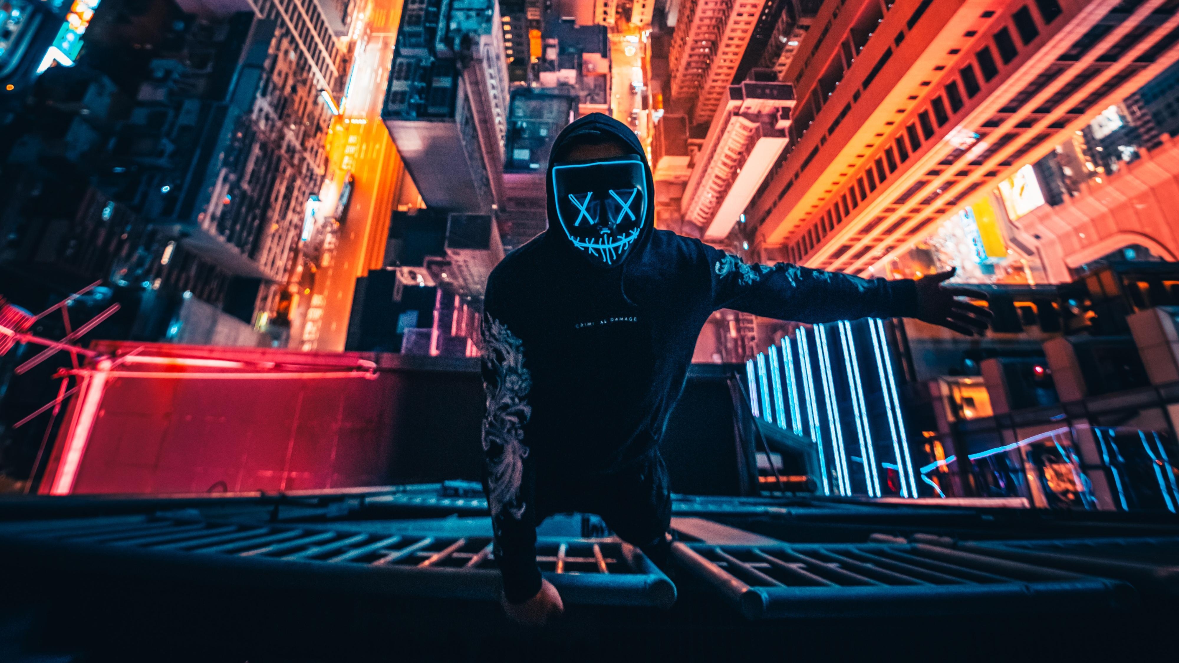 4000x2250 Neon Mask Guy Climbing Building 4k, HD Photography, 4k Wallpaper, Desktop