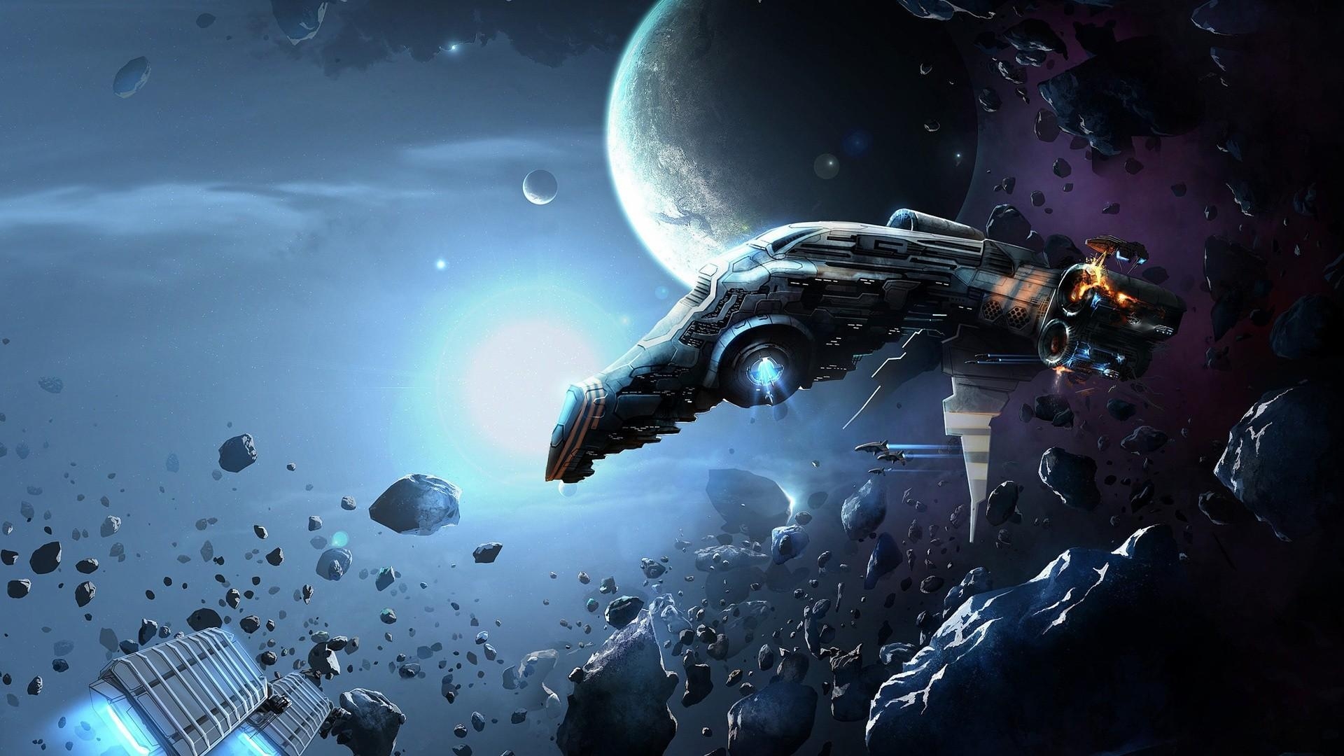 1920x1080 Wallpaper spaceship in asteroid belt free desktop background, Desktop