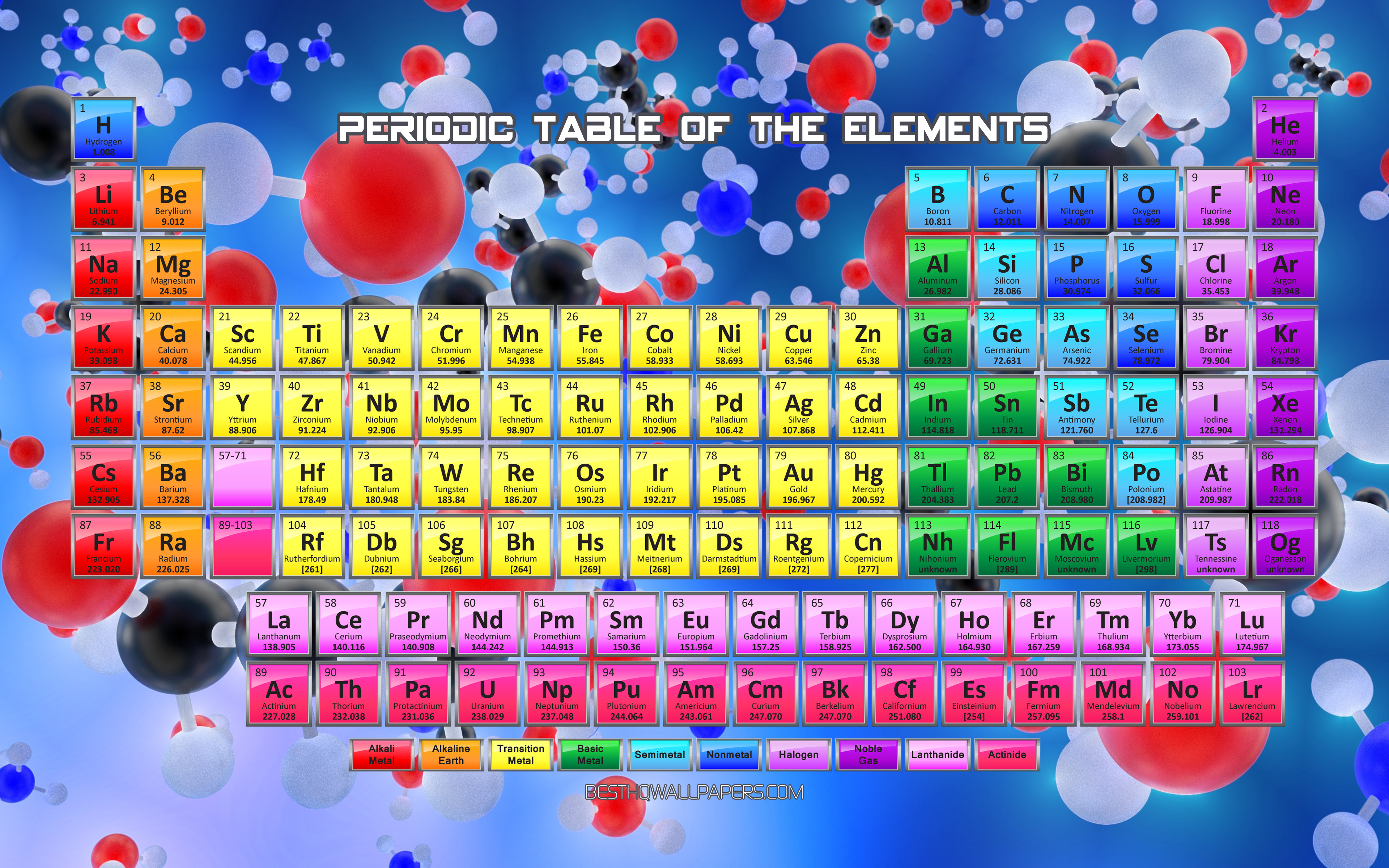 3840x2400 Download wallpaper Periodic Table of the Elements, 4k, atoms, The Periodic Table, chemistry, molecules, chemical concepts, 3D art for desktop with resolution. High Quality HD picture wallpaper, Desktop