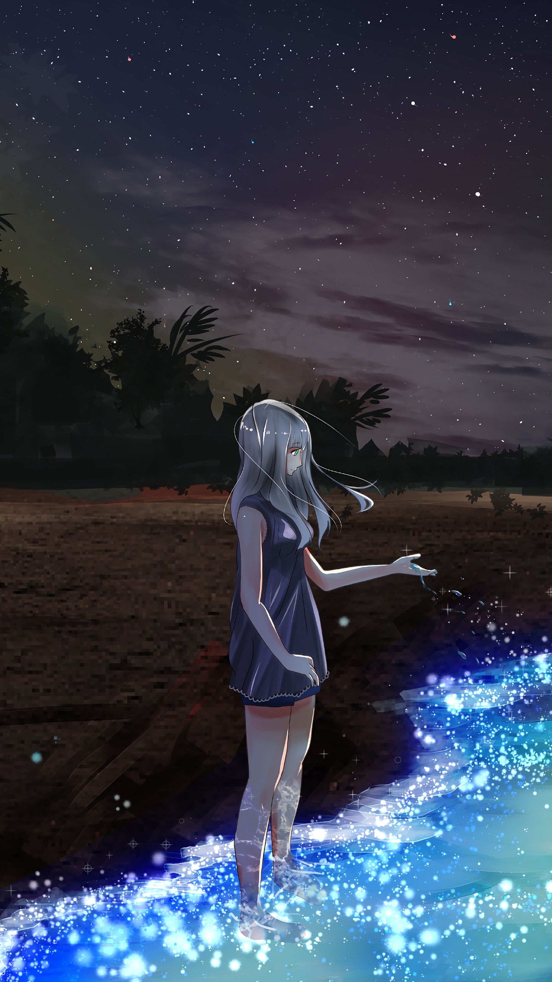 2160x3840 Anime, Scenery, Girl, Night, Beach, Moon, 4K iPhone 6s, Phone