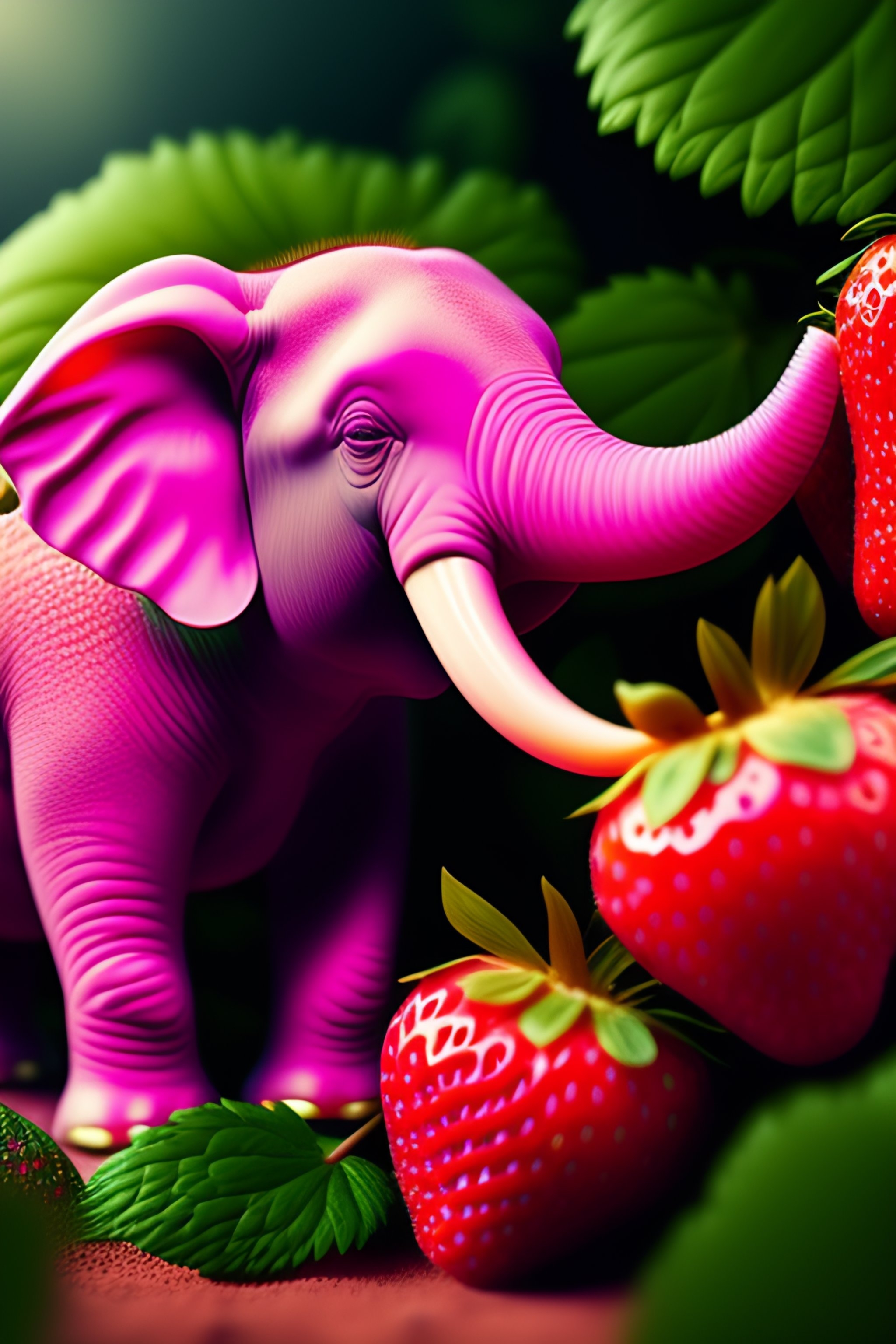 2050x3080 Pink elephant hiding under a strawberry plant, realistic, detailed, cinematic, Phone