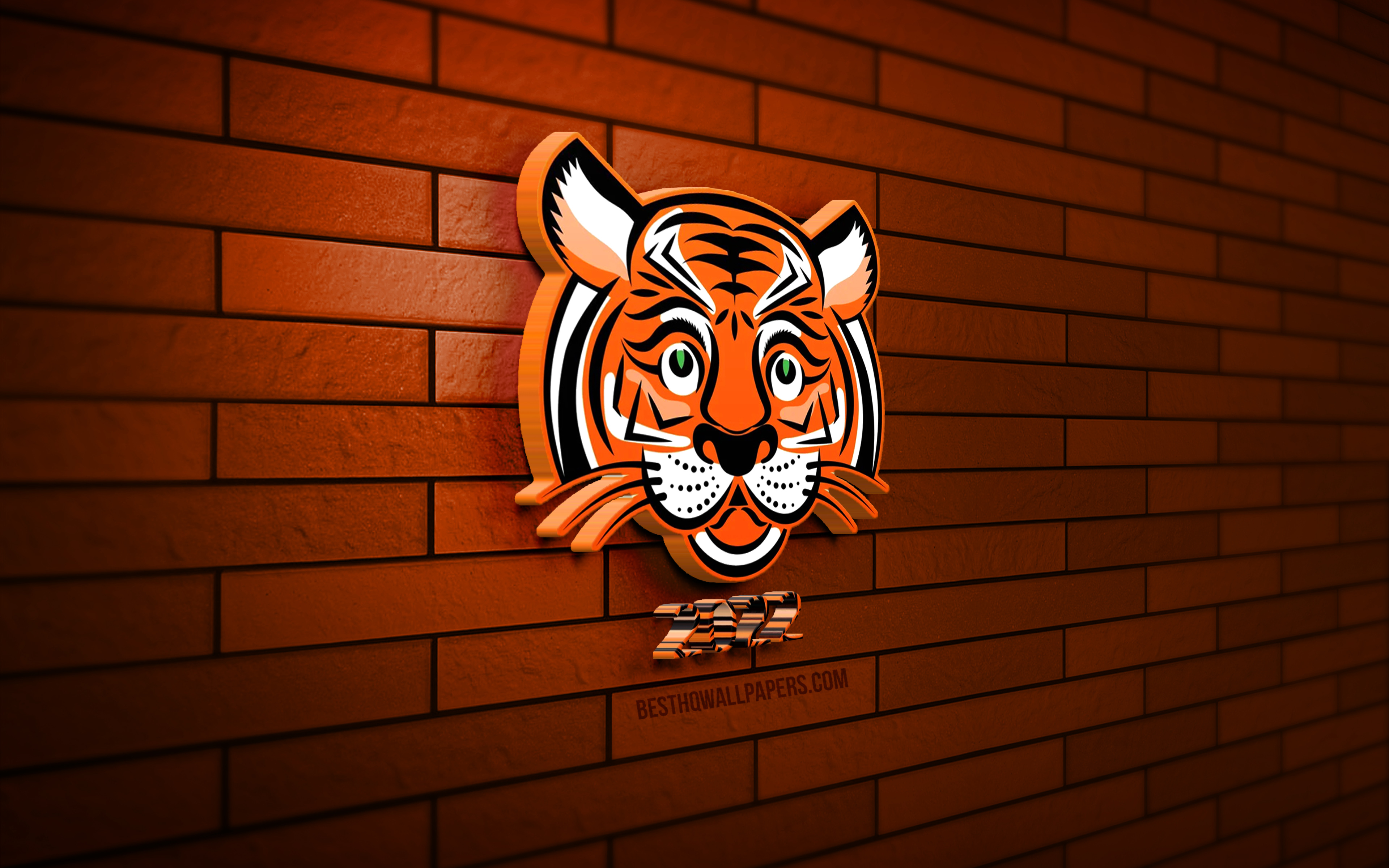 3840x2400 Download wallpaper Year of the Tiger, 4K, 3D cartoon tiger, Happy new year orange brickwall, 2022 Chinese Zodiac, cartoon tiger, Happy New Year, Tiger zodiac sign, tiger icon for desktop with, Desktop