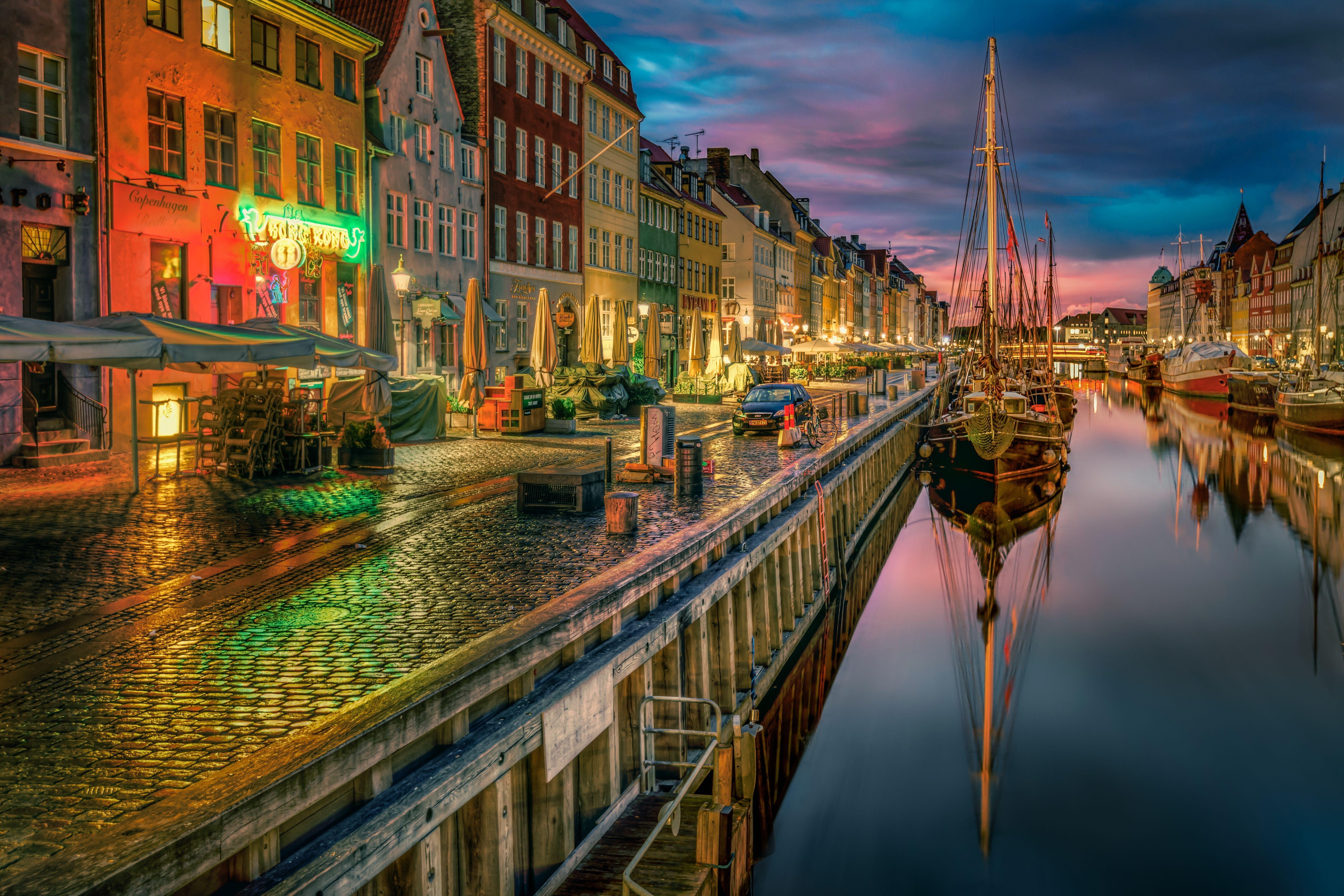 6000x4000 Image Denmark Copenhagen Rivers night time Cities Building, Desktop