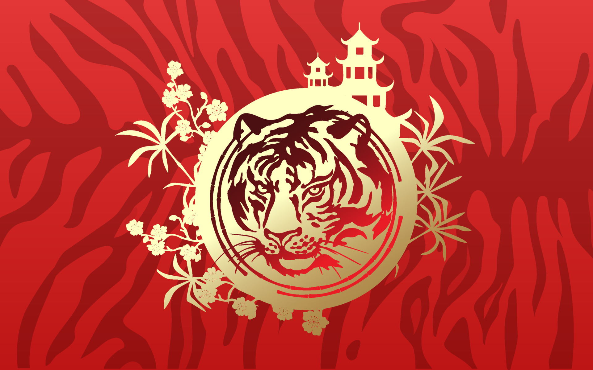 1920x1200 Tiger head with gold on a red background of a Chinese pagoda, bamboo, sakura and a fan. Happy Chinese New Year 2022, Desktop