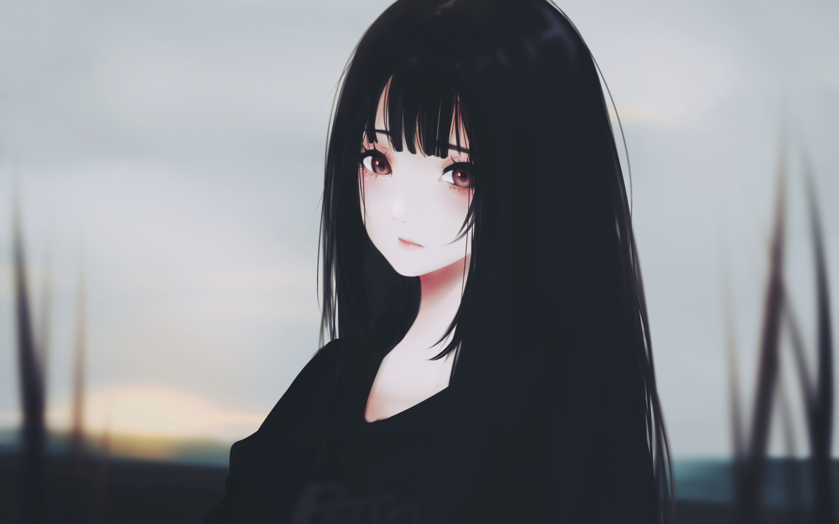 1680x1050 Anime Girl, Black Hair, Sad Expression, Semi Realistic, Desktop