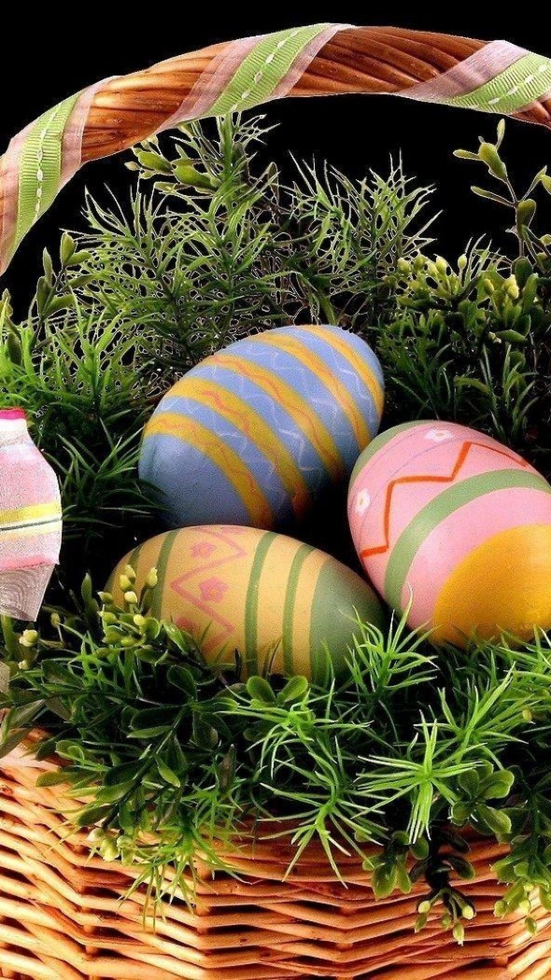 1080x1920 Easter holiday basket eggs ribbons greens black background iPhone 8 Wallpaper Free Download, Phone