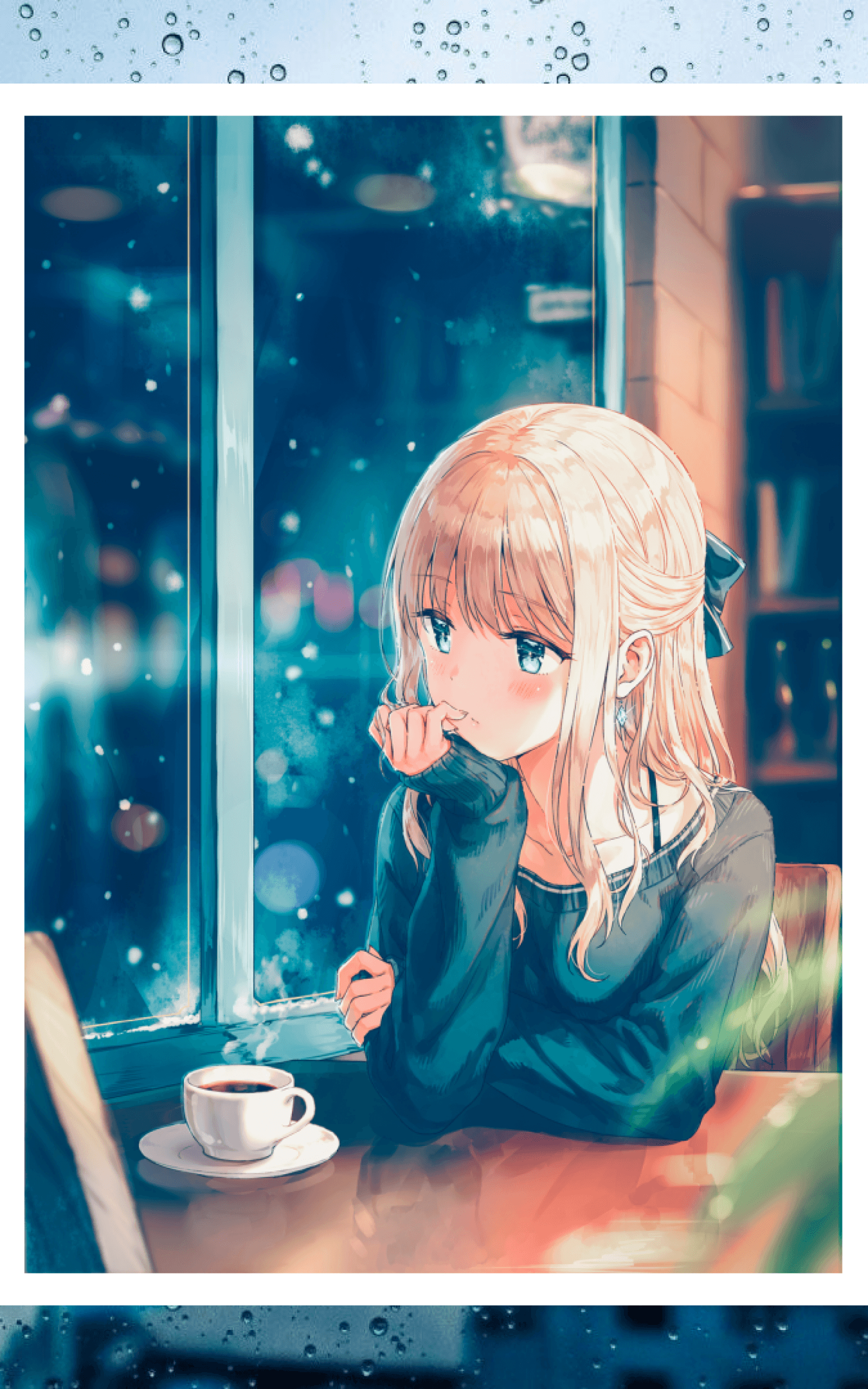 1600x2560 Download  Anime Girl, Window, Raining, Coffee, Blonde, Rain, Phone