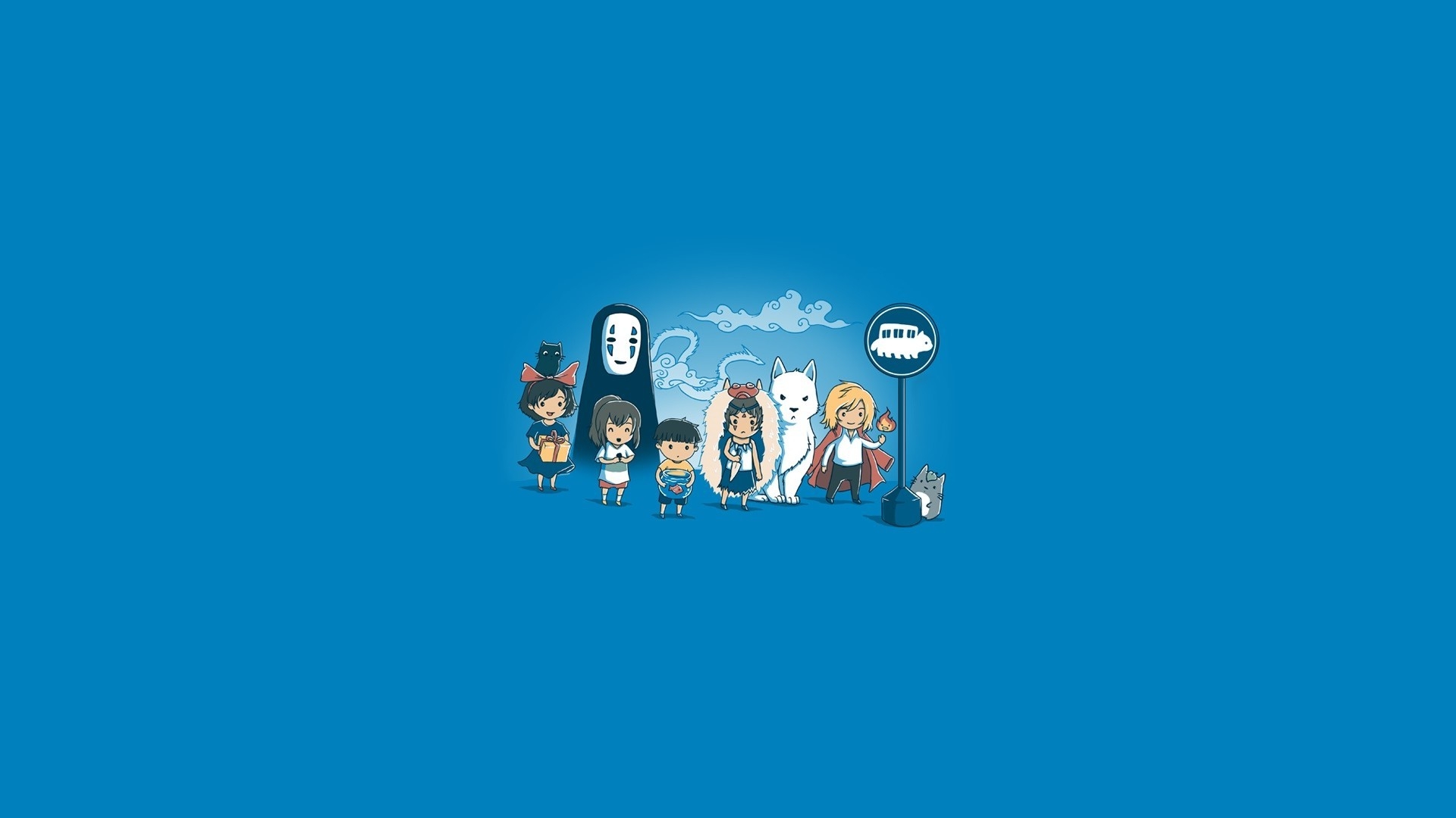 1920x1080 Wallpaper, illustration, simple background, minimalism, Spirited Away, text, logo, blue, cartoon, Princess Mononoke, My Neighbor Totoro, Studio Ghibli, Chihiro, brand, Castle in the Sky, ponyo,  px, font, Howls Moving Castle, Desktop