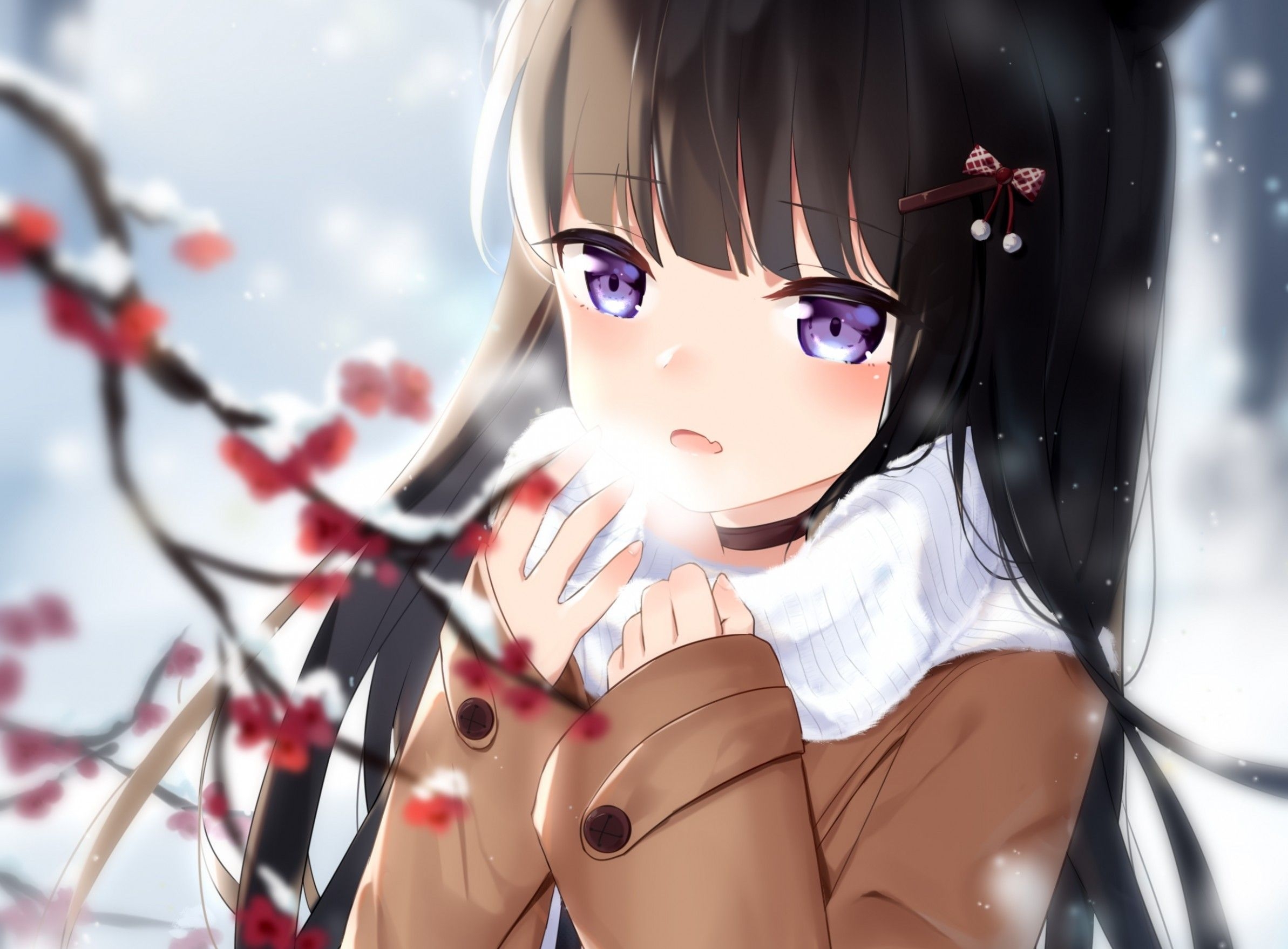 2390x1760 Download  Winter, Animal Ears, Cold, Anime Girl, Brown Hair Wallpaper, Desktop