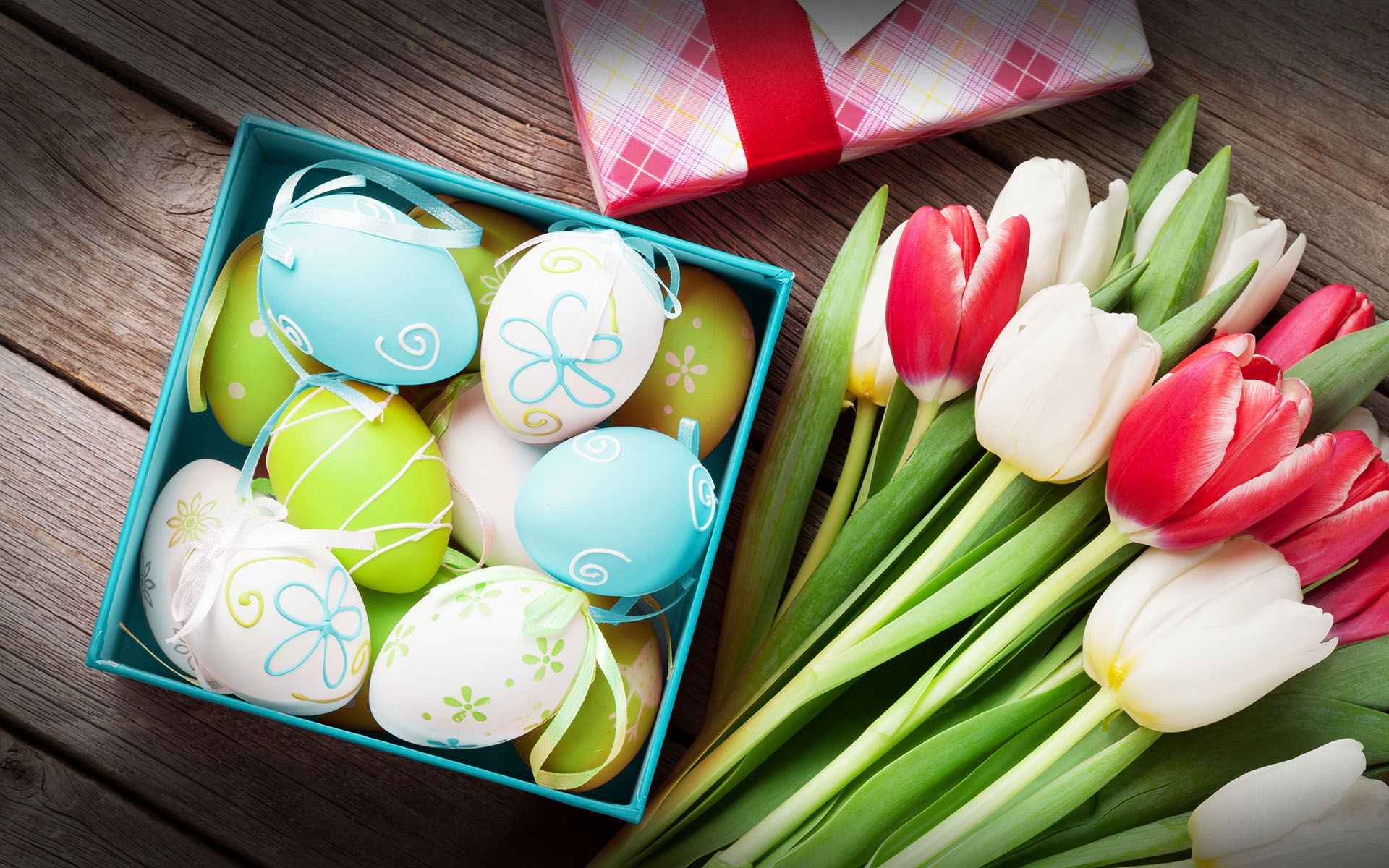 1920x1200 Download wallpaper Easter eggs, bouquet of tulips, spring flowers, Easter background, spring, Easter, wooden background for desktop with resolution. High Quality HD picture wallpaper, Desktop