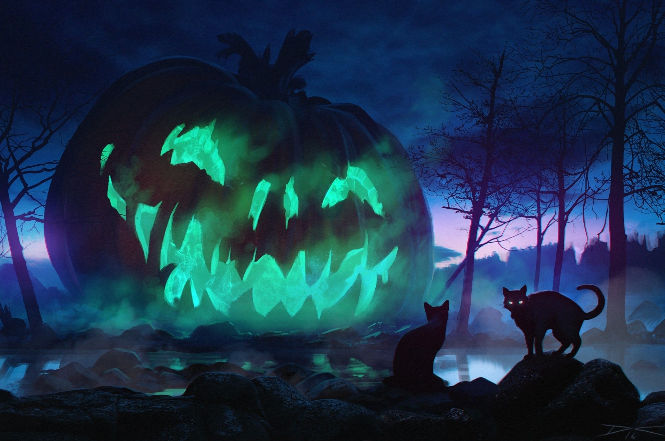 2560x1700 Download  Halloween, Giant Pumpkin, Scary, Cats, Dark Theme, Forest, Fog, Stones Wallpaper for Chromebook Pixel, Desktop