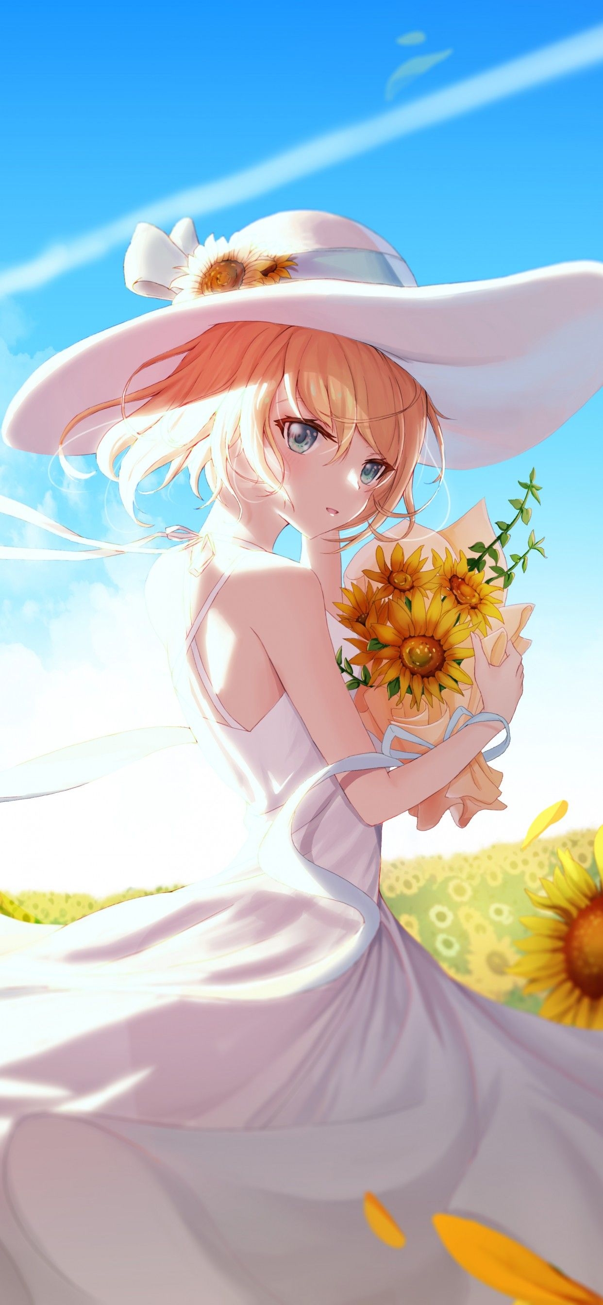 1250x2690 Anime girl Wallpaper 4K, Sunflowers, Sunny day, 5K, Fantasy, Phone