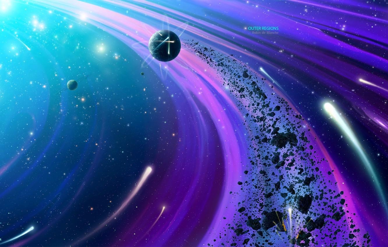 1340x850 Wallpaper space, fragments, planet, stars, the asteroid belt, Desktop