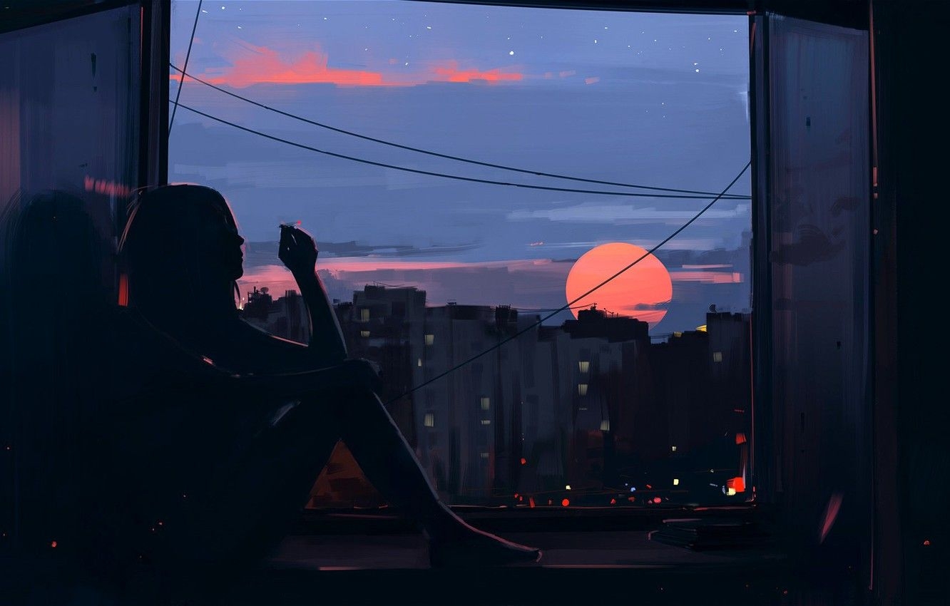 1340x850 Wallpaper city, dark, girl, twilight, smoking, sunset, barefoot, Desktop