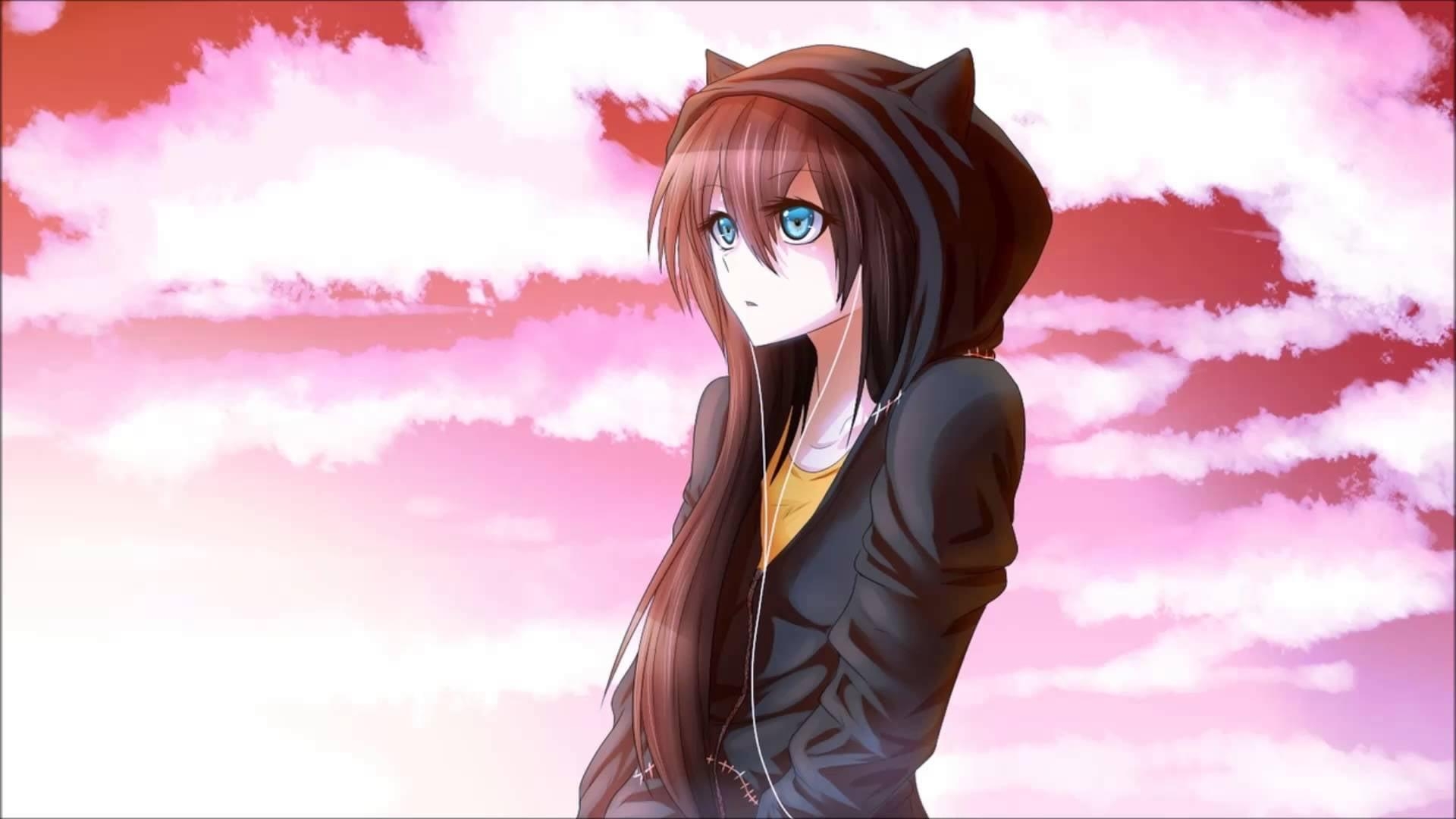 1920x1080 Brown haired girl anime character wearing black hoodie, Desktop