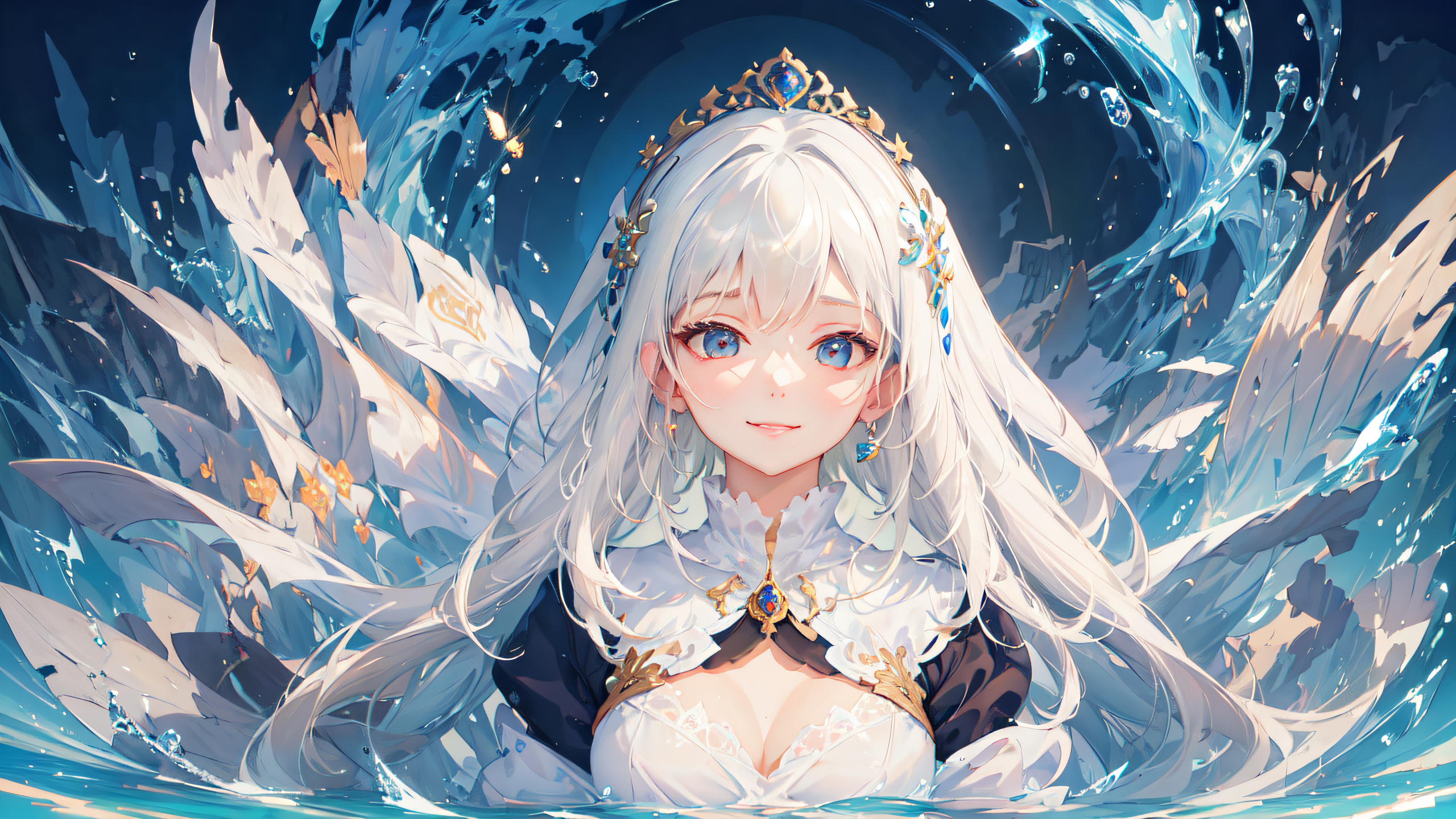 2560x1440 Wallpaper, ai art, water, anime girls, white hair, Desktop