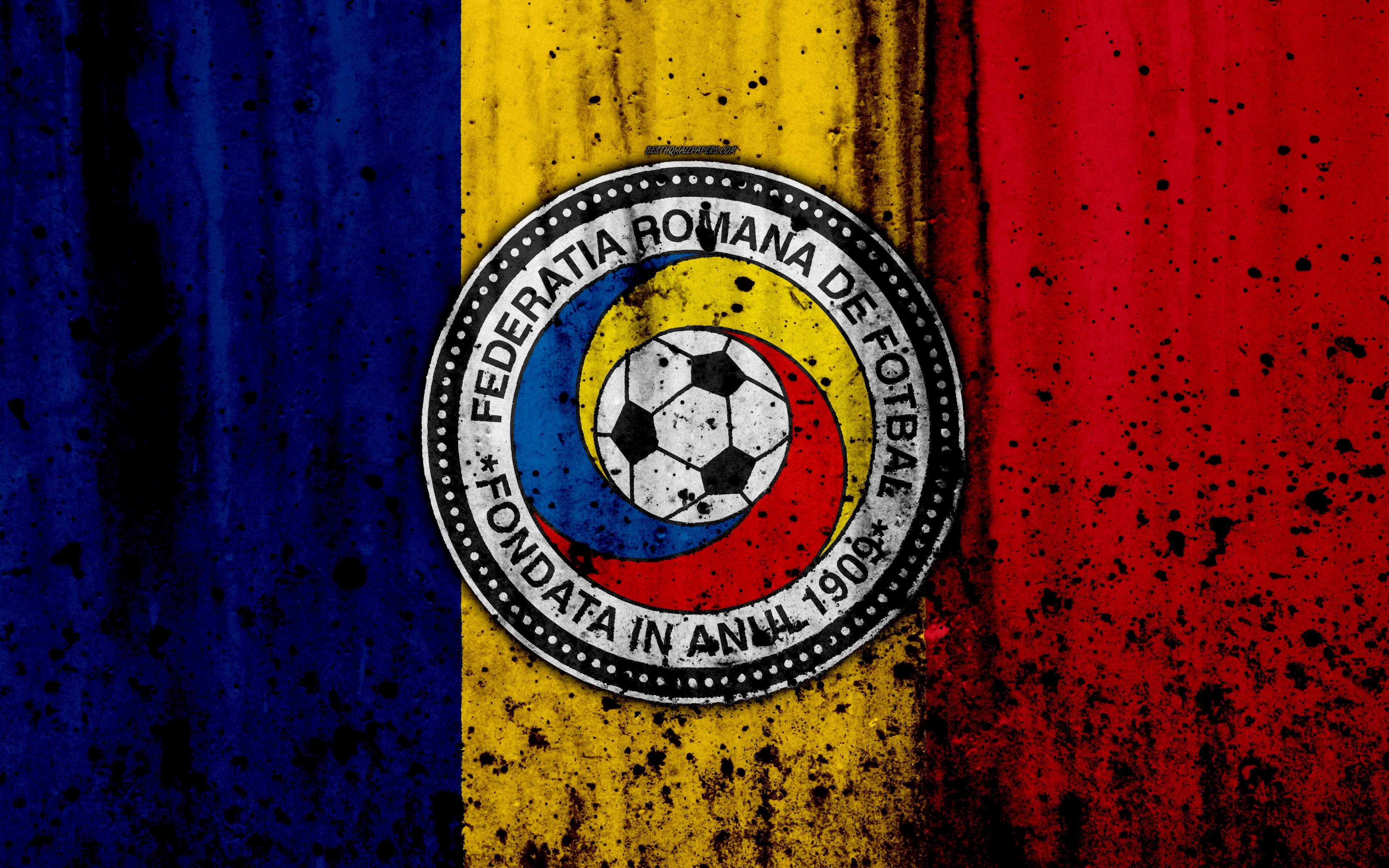 3840x2400 Download wallpaper Romania national football team, 4k, logo, grunge, Desktop