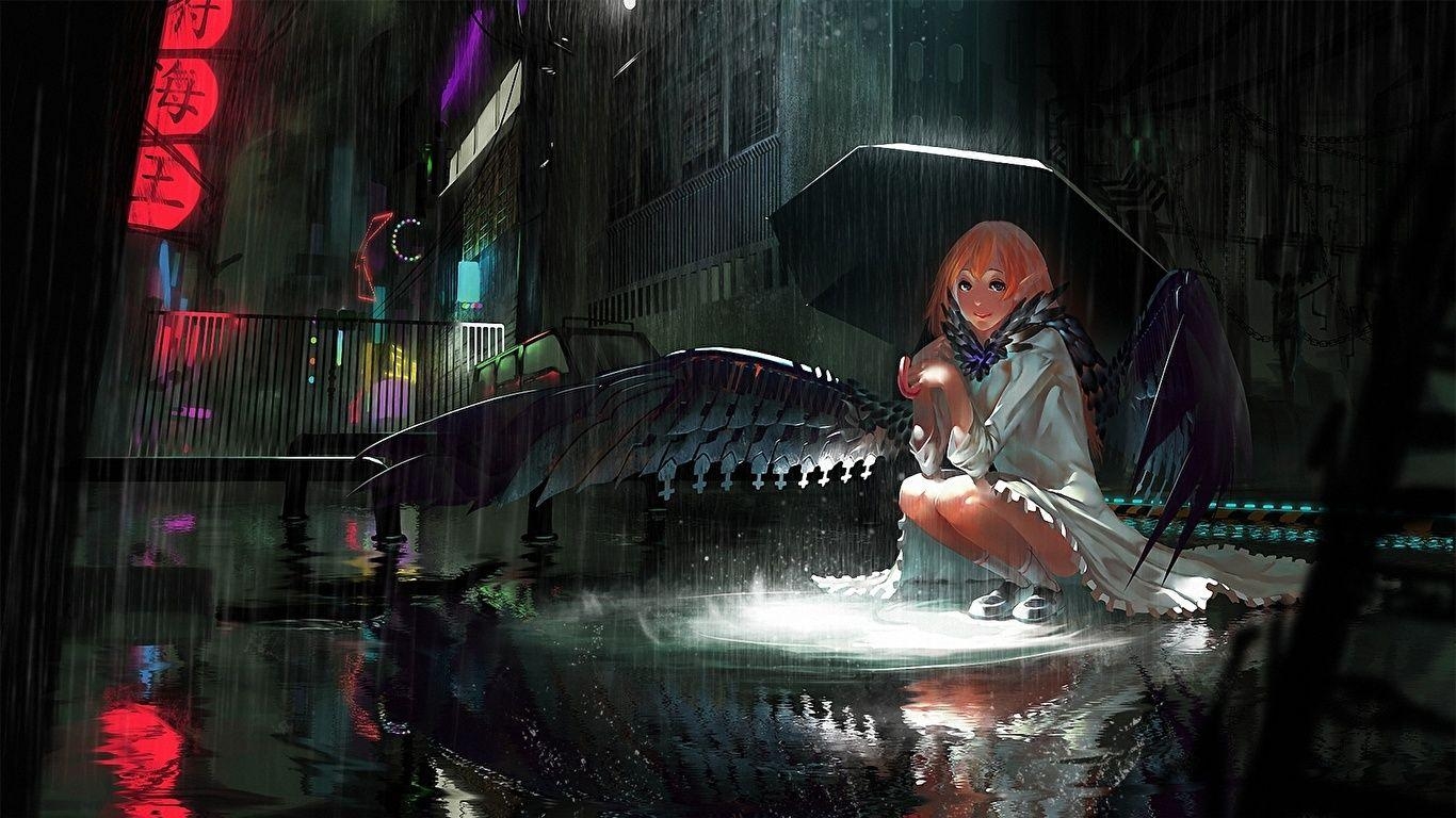 1370x770 Photo Wings Anime Girls Fantasy Rain Street Angels Night, Desktop