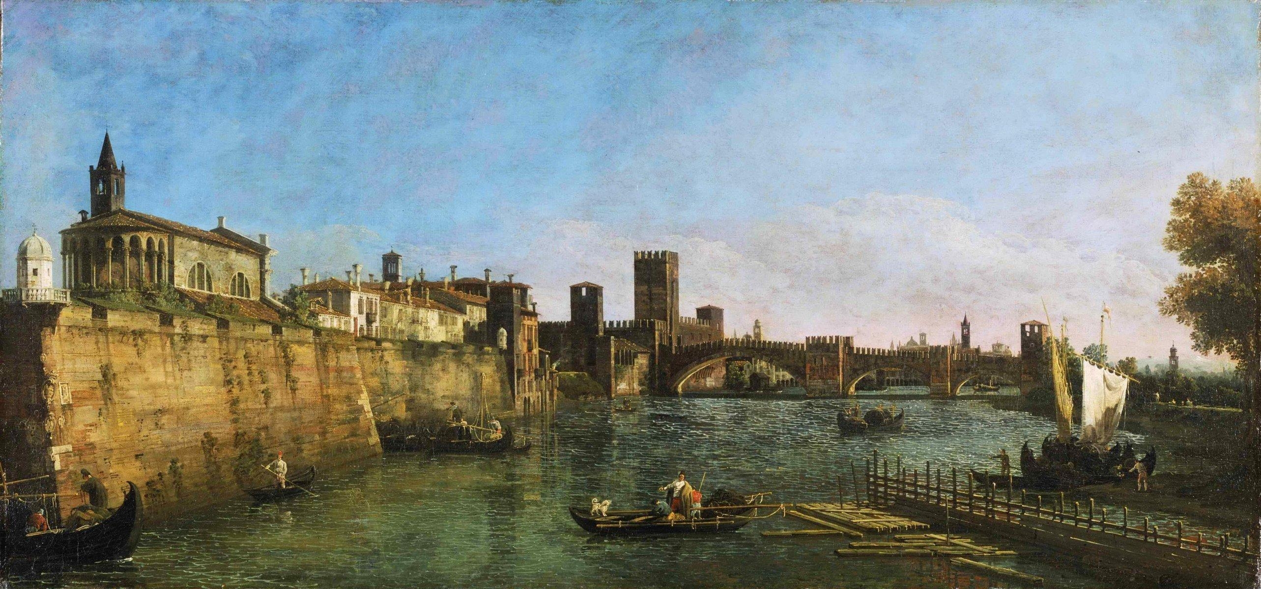 2570x1200 bernardo bellotto pattern italy town verona sky sea bridge river, Dual Screen