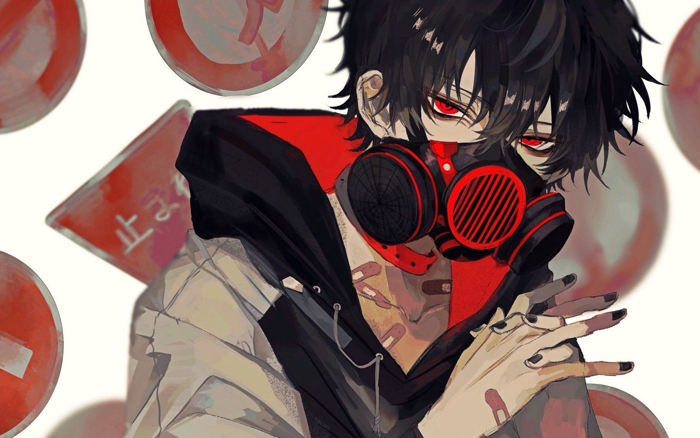 1440x900 Download  Anime Boy, Gas Mask, Red Eyes, Black Hair, Desktop