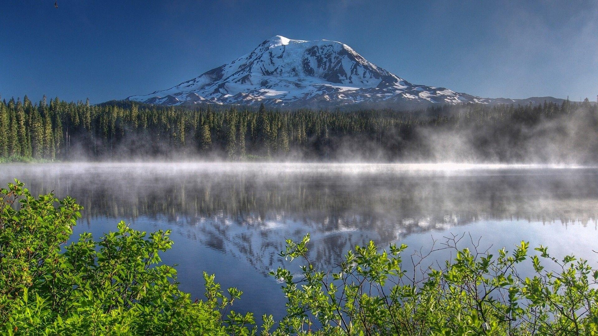 1920x1080 nature, Landscape, Mountain, Mist, Snowy Peak, Trees, Forest, Desktop