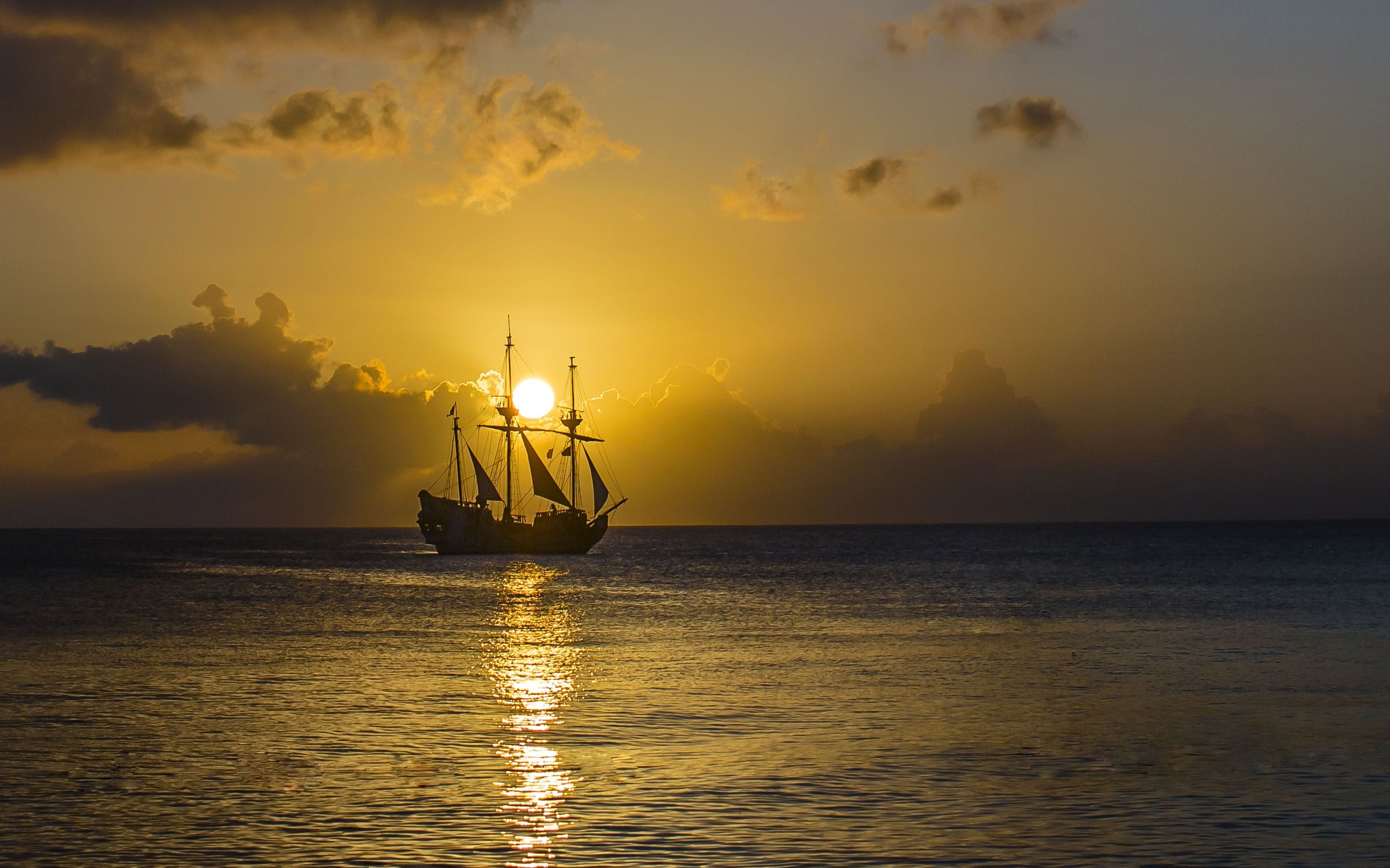 3840x2400 Gold Sunset Ocean Old Pirate Ship With Sail Sky 4k Ultra HD, Desktop