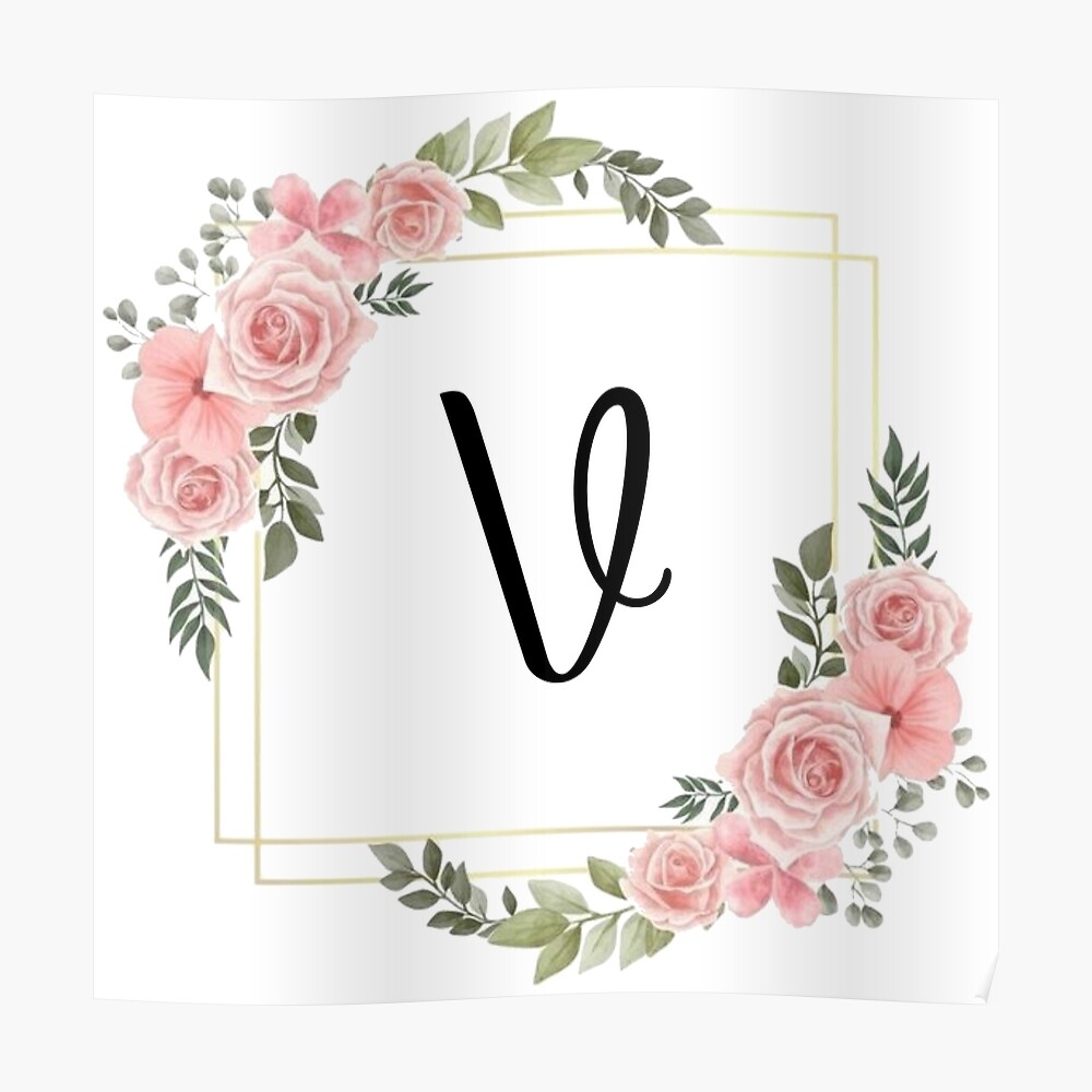 1000x1000 Monogram Letter V. Pink Floral Design with Gold Edges Sticker, Phone