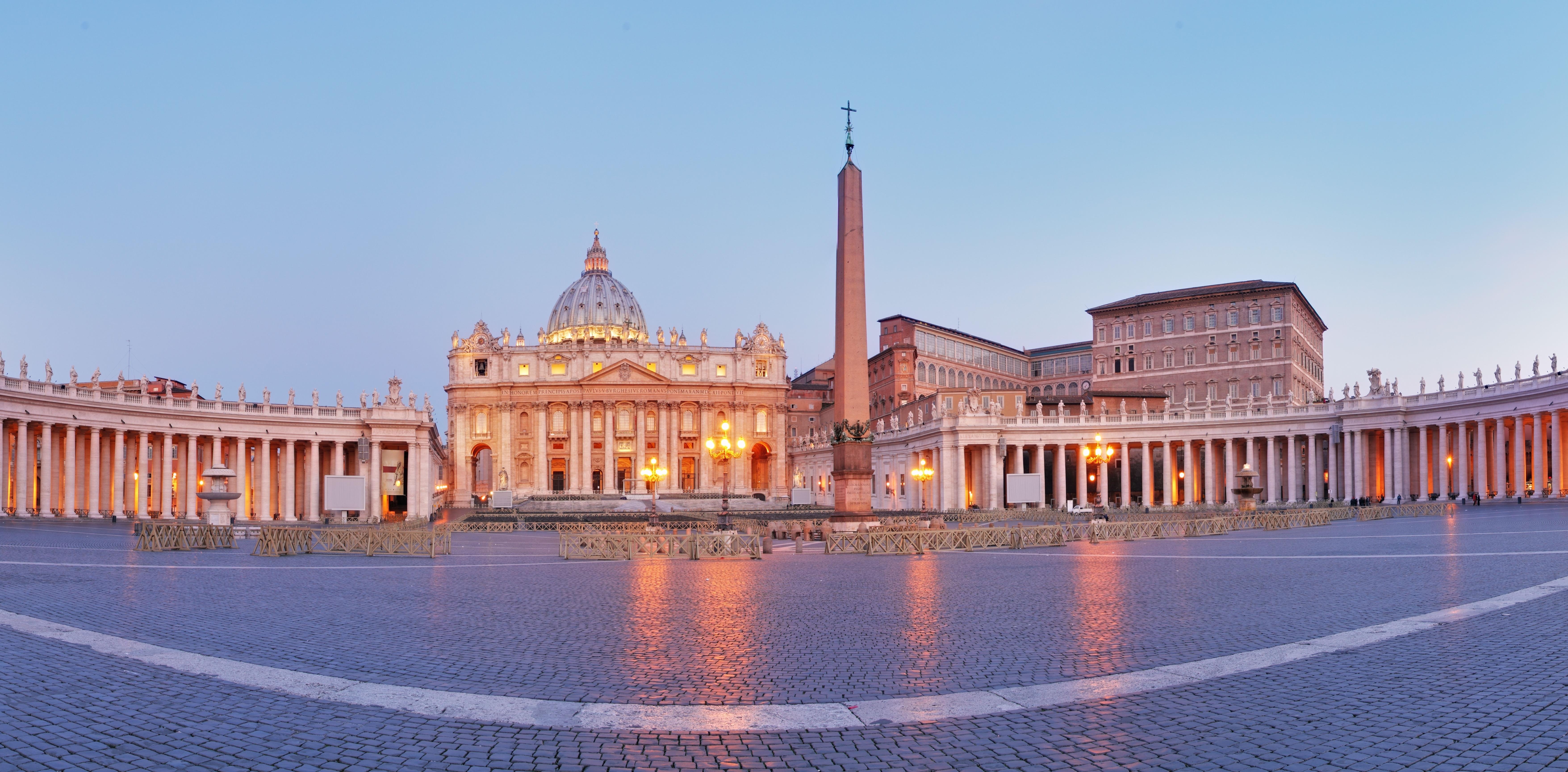 7030x3460 Wallpaper Italy, St Peters Basilica, Vatican Obelisk, Rome City, Dual Screen