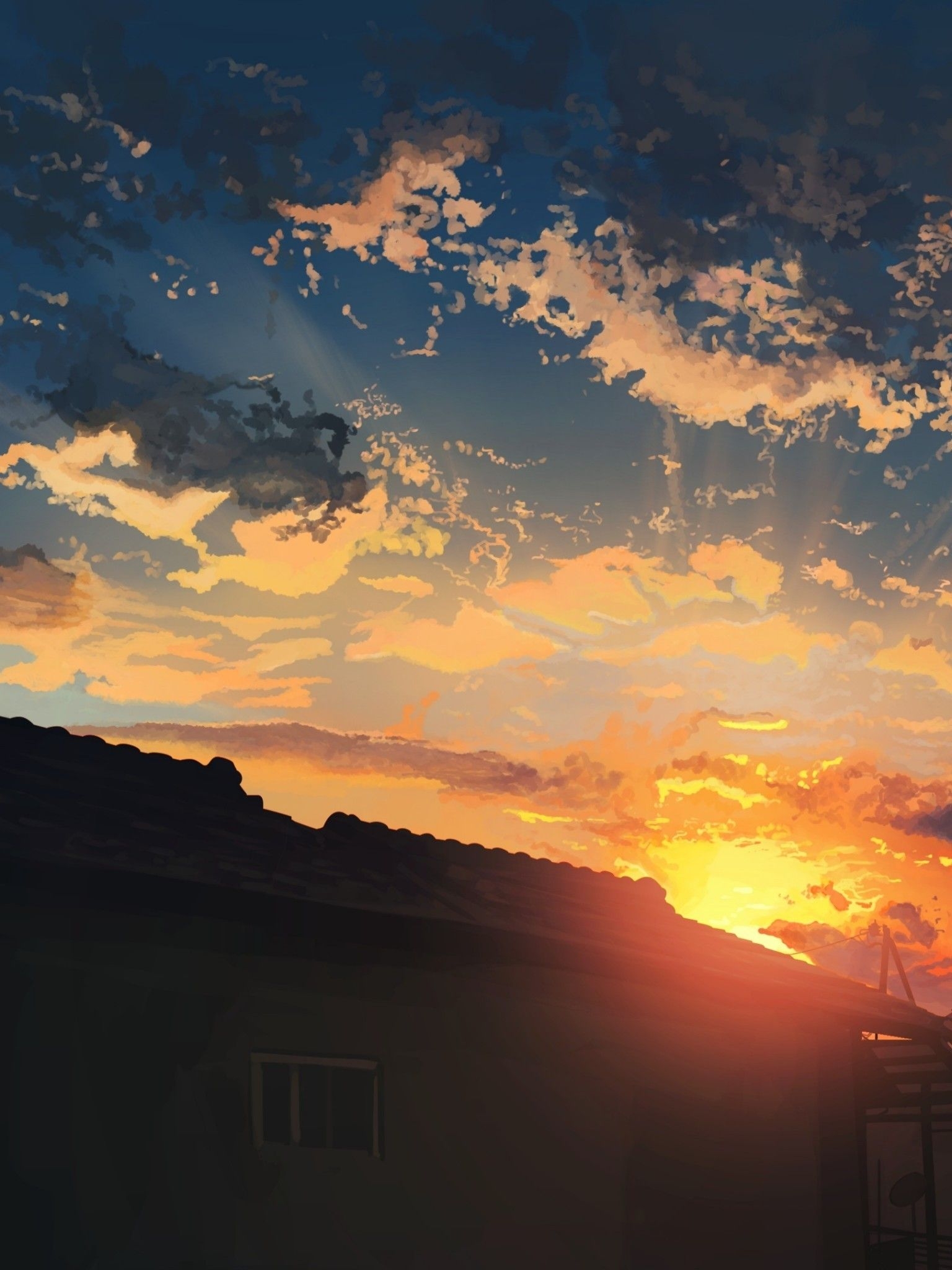 1540x2050 Download  Anime Landscape, Sunset, House, Clouds, Sky, Scenic Wallpaper for Apple iPad Mini, Apple IPad 4, Phone