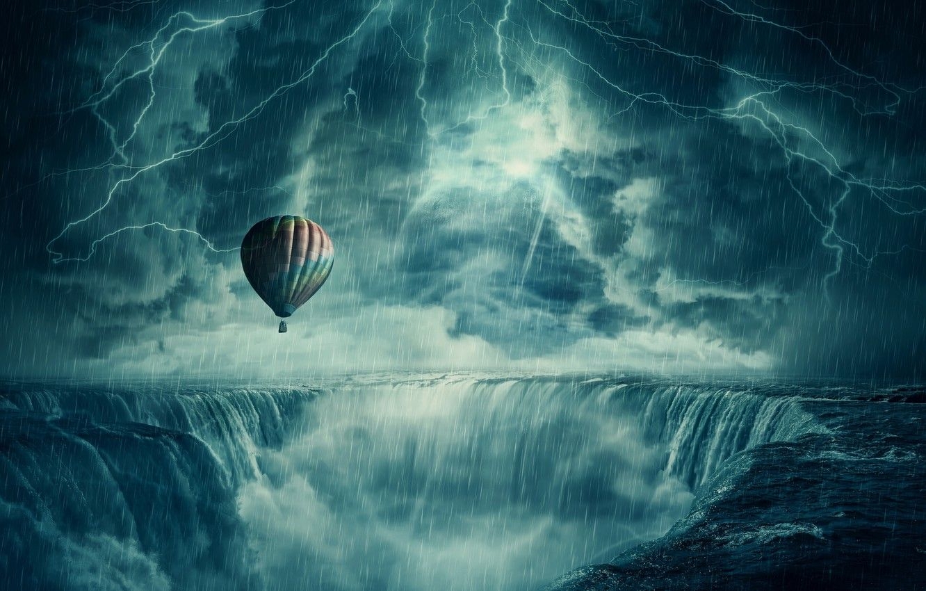 1340x850 Wallpaper the storm, balloon, rain, lightning image for desktop, section рендеринг, Desktop