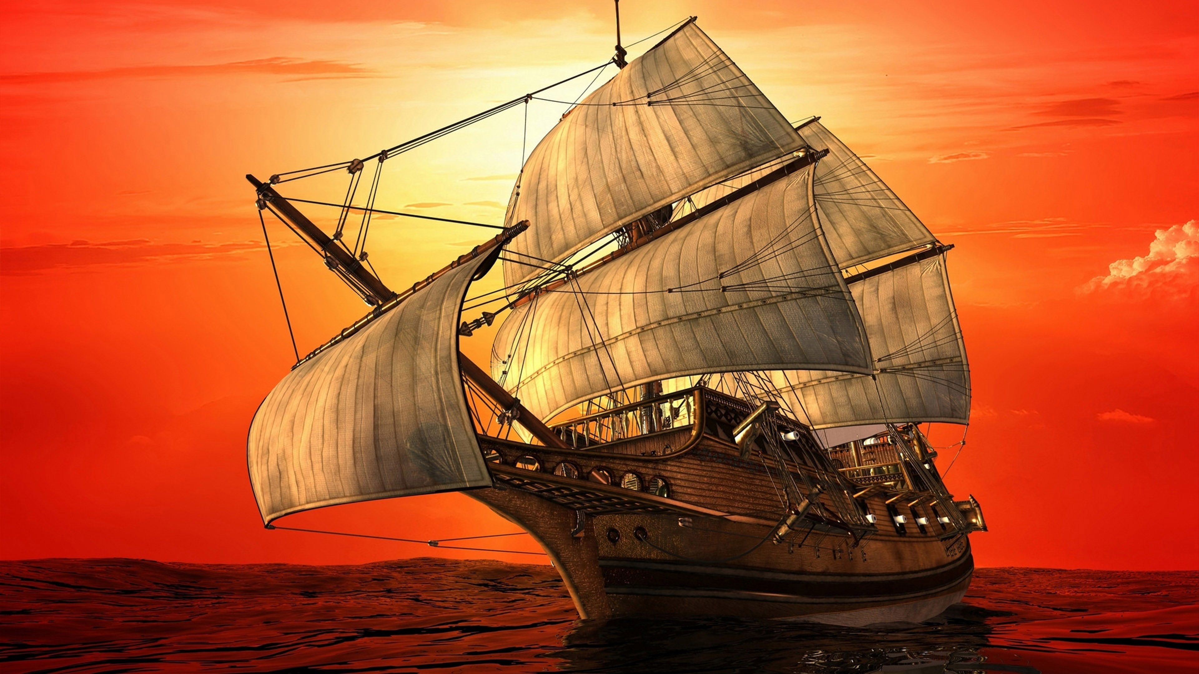 3840x2160 Ship With Sails Sea Sunset Red Sky Ultra HD 4k Art Wallpaper HD, Desktop