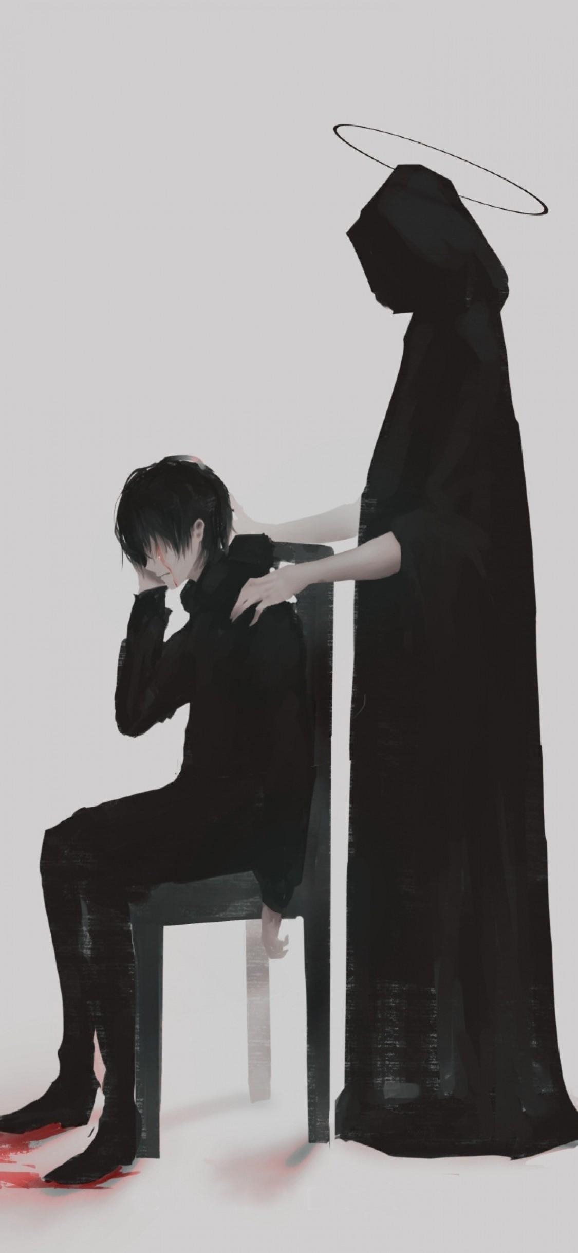 1130x2440 Download  Anime Boy, The Reaper, Sad Wallpaper, Phone