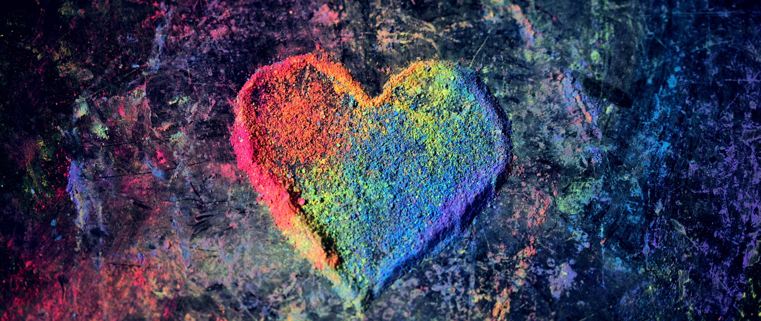 2560x1080 Love heart Wallpaper 4K, Rainbow colors, Colorful, Chalk dust, 5K, Photography, Dual Screen