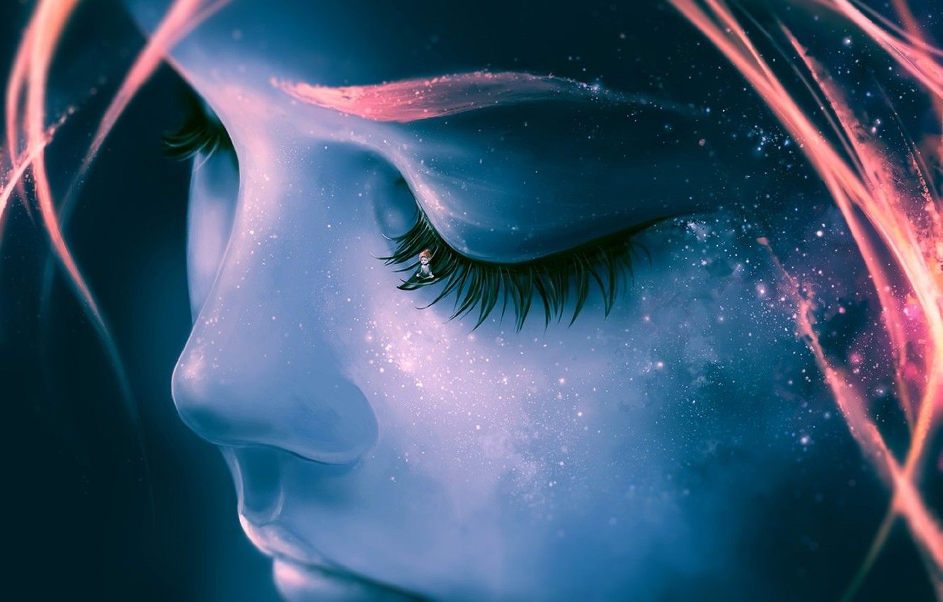 1340x850 Wallpaper the sky, girl, stars, face, eyelashes, Space, galaxy, Desktop
