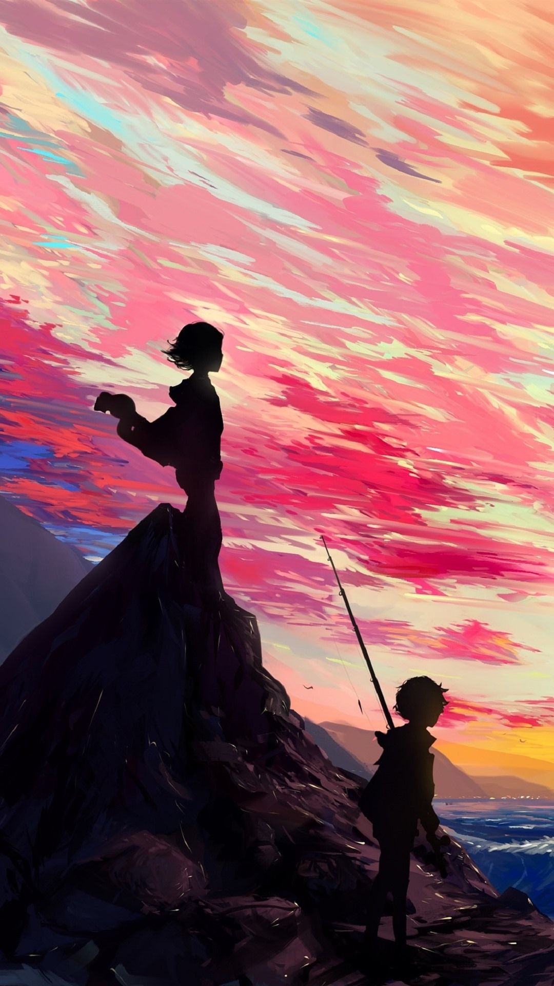 1080x1920 Beautiful anime picture, girl and boy, sea, clouds, sunset, Phone