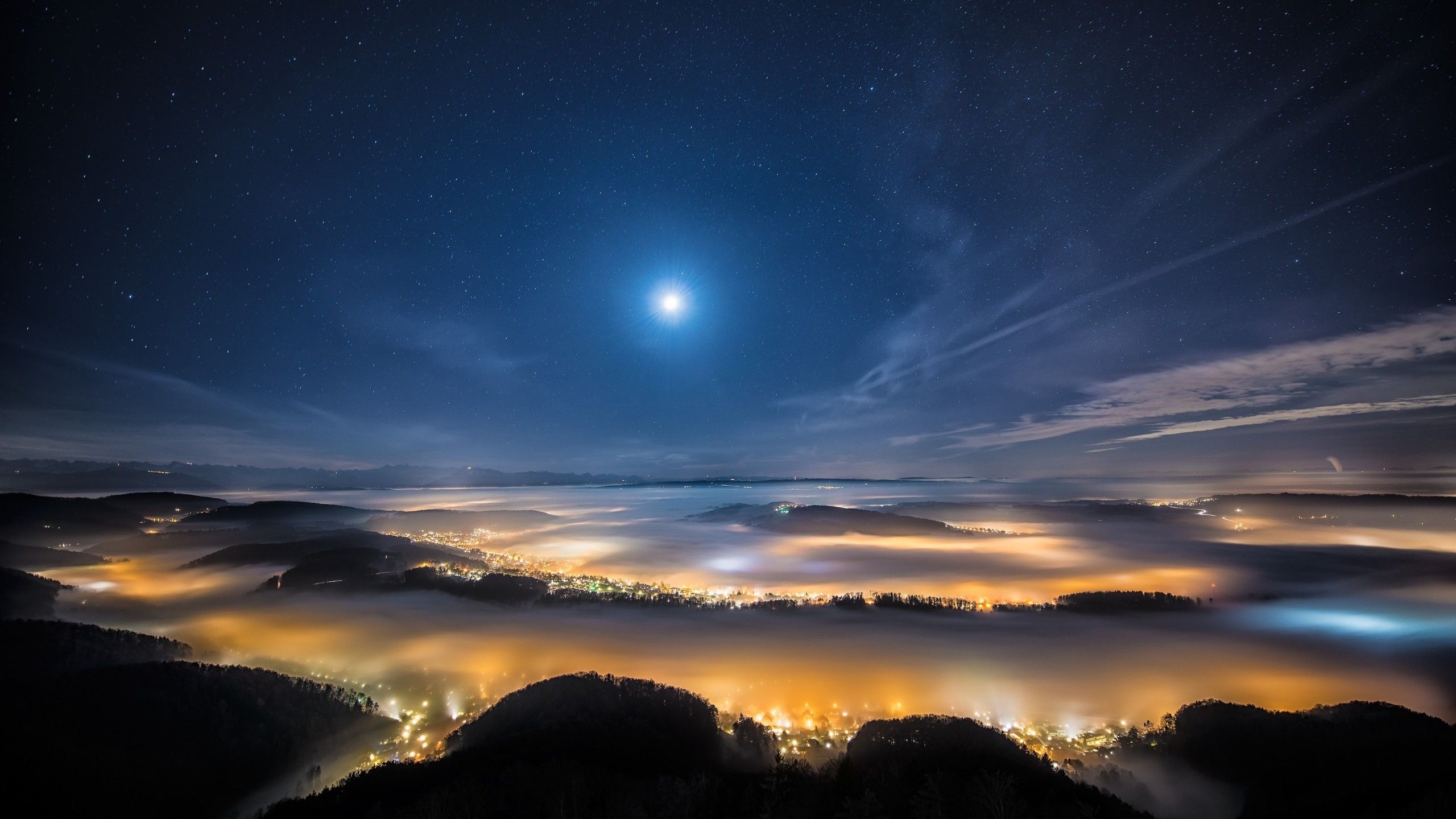 2560x1440 Wallpaper night sky, night city, earth, sky, stars, clouds, light, height, moon, Space, Desktop