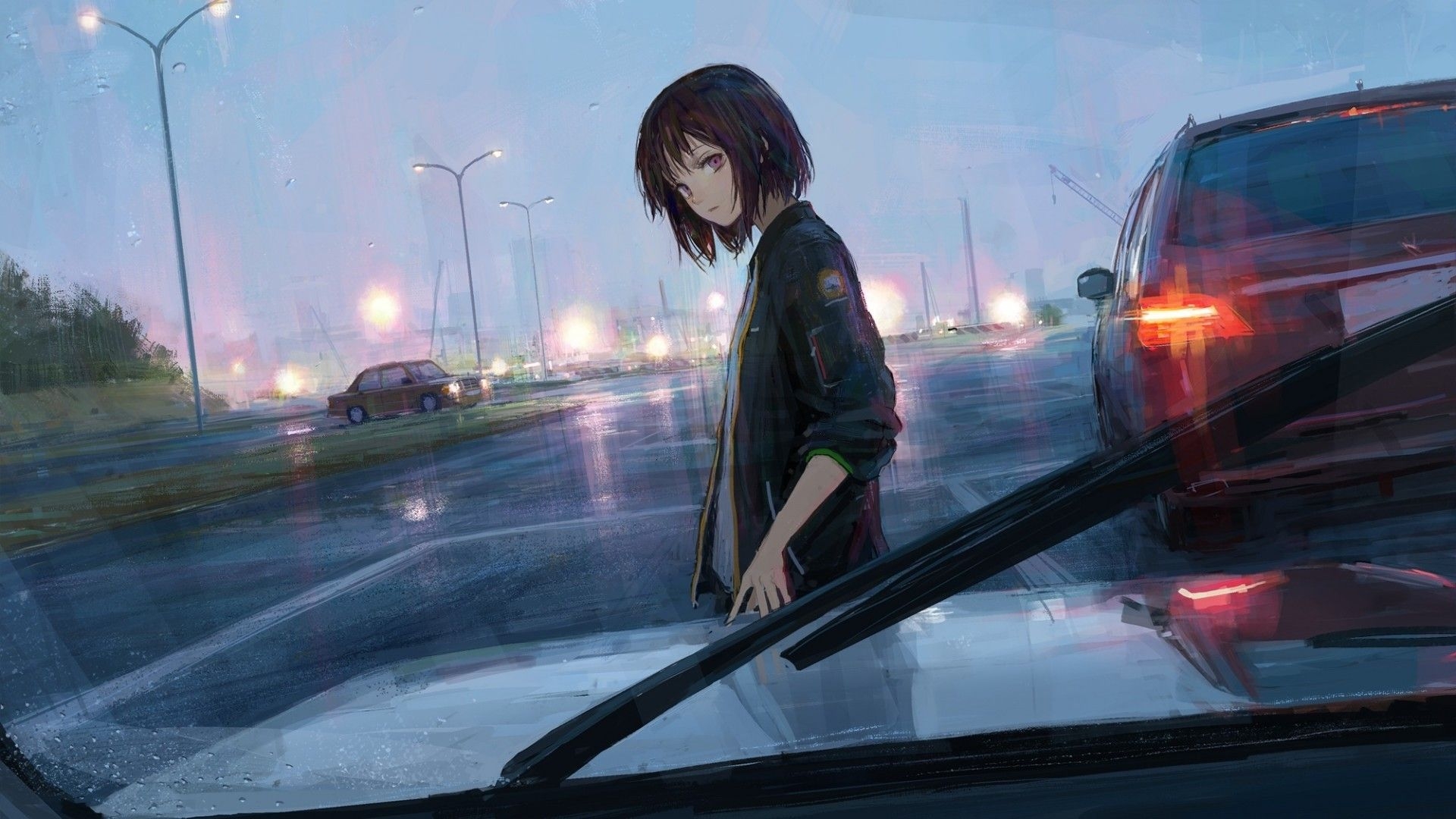 1920x1080 Download  Anime Girl, Cars, Painting, Road, Lights, Short, Desktop