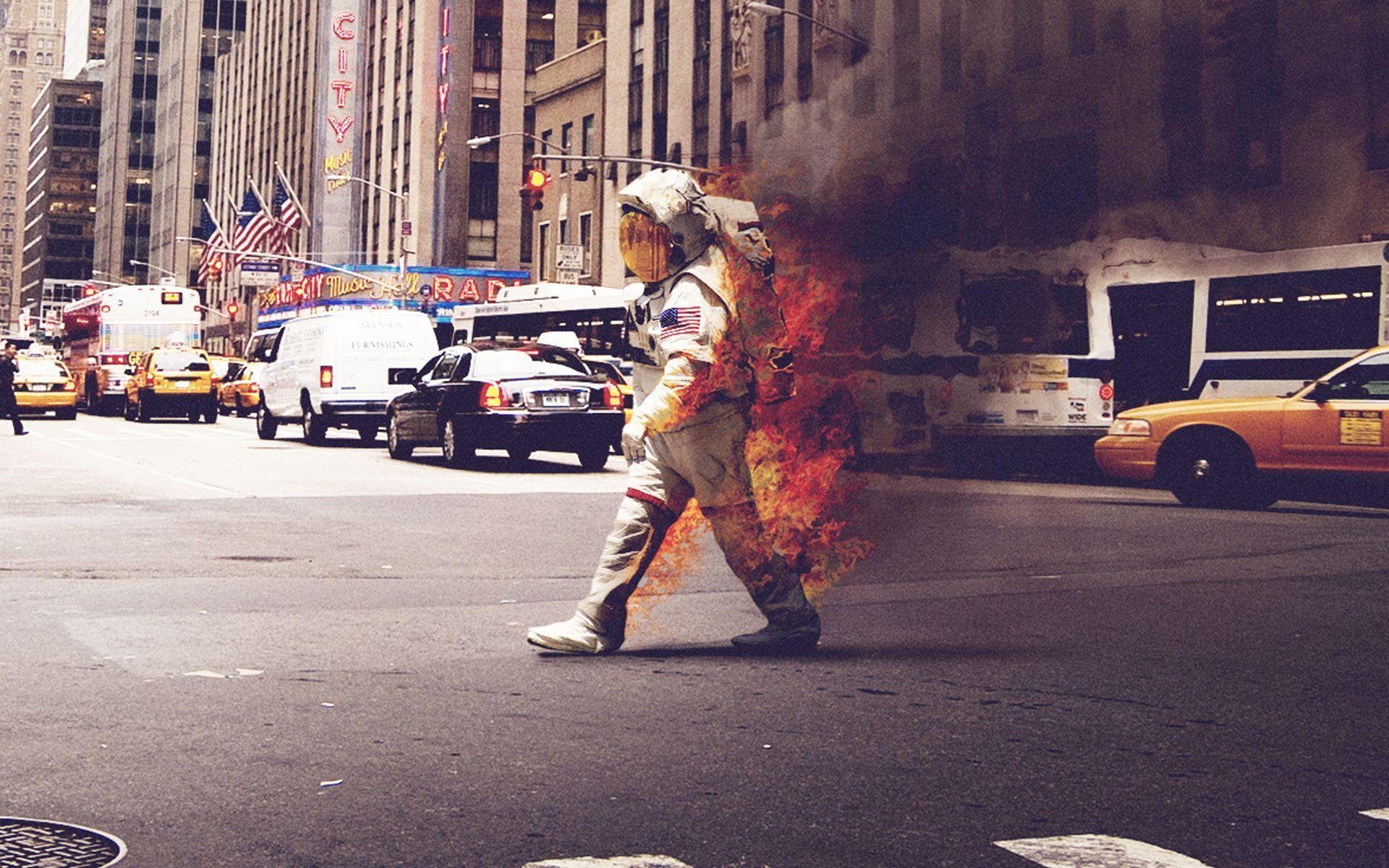 1920x1200 Astronaut on Fire walking down a street, Desktop