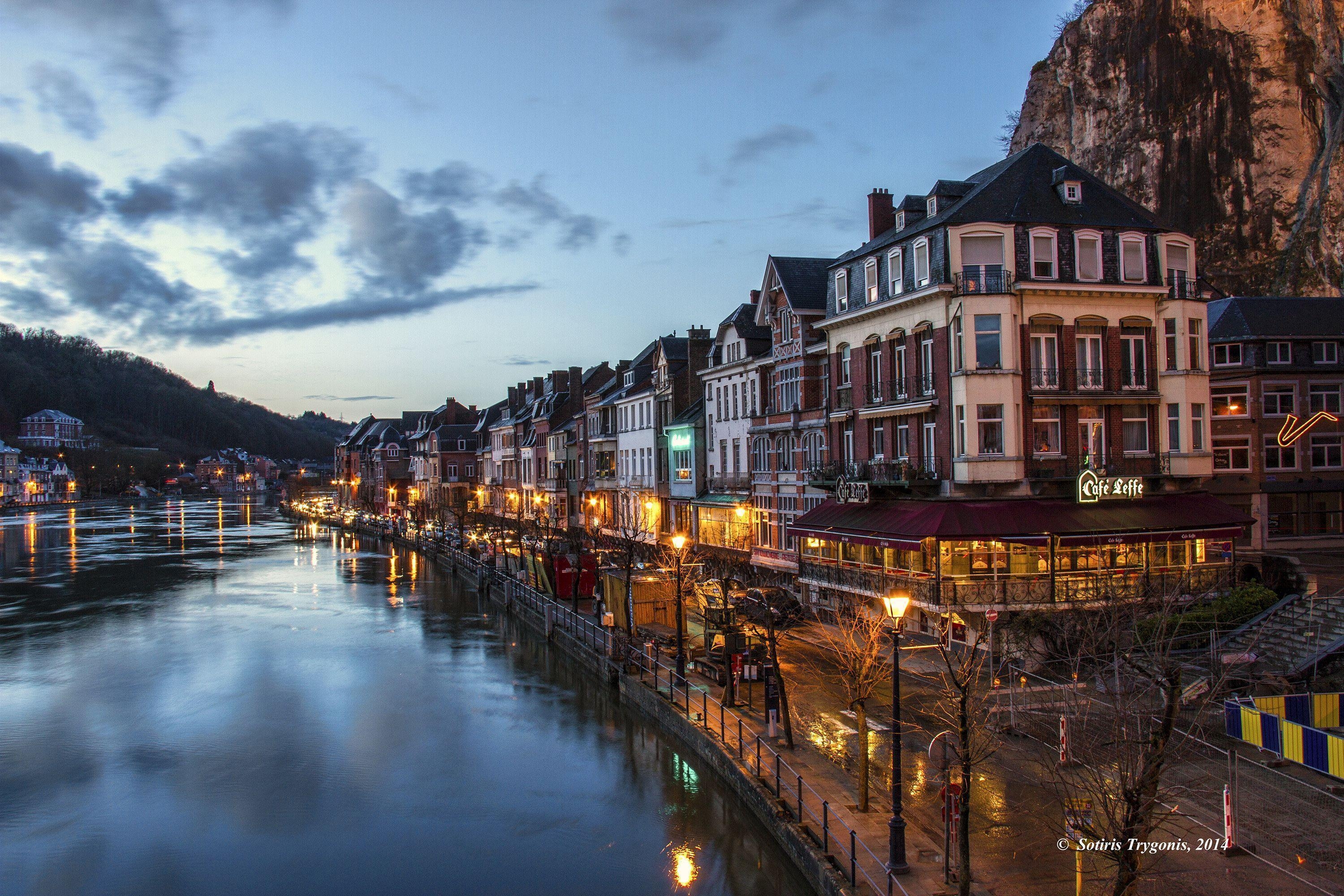 3000x2000 Wallpaper Belgium Houses Sky Dinant Canal Night Street lights, Desktop