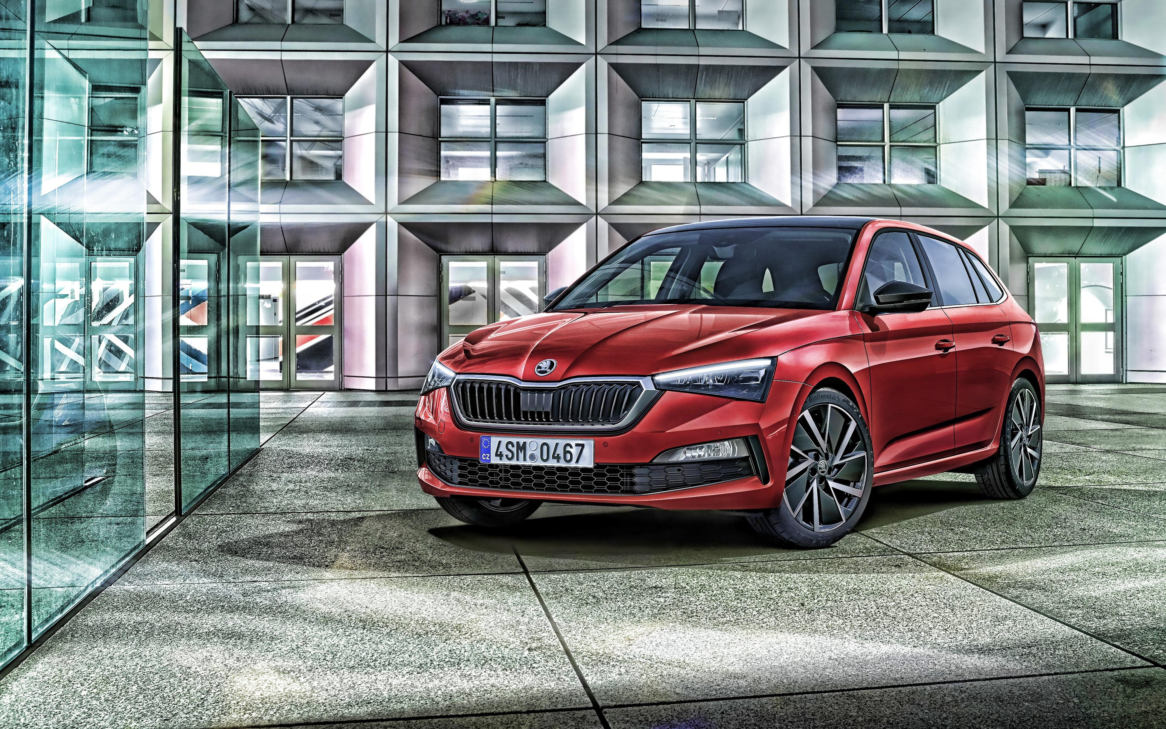 3840x2400 Download wallpaper Skoda Scala, 4k, red hatchback, front view, Desktop