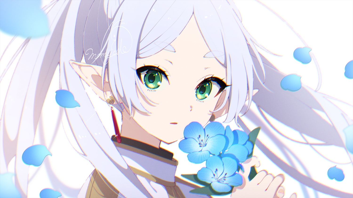 1500x850 close flowers frieren gray hair green eyes long hair mamyouda petals pointed ears signed sousou no frieren twintails. konachan.com.com Anime Wallpaper, Desktop