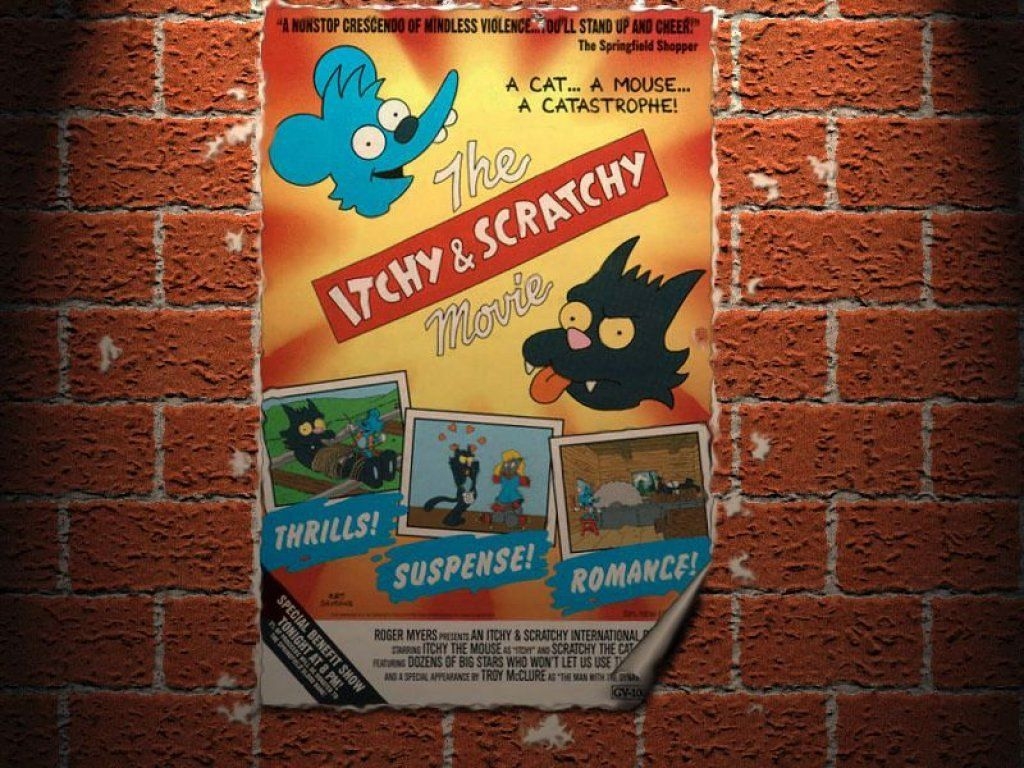 1030x770 ichy scratchy movie poster brick wall wallpaper simpsons, Desktop