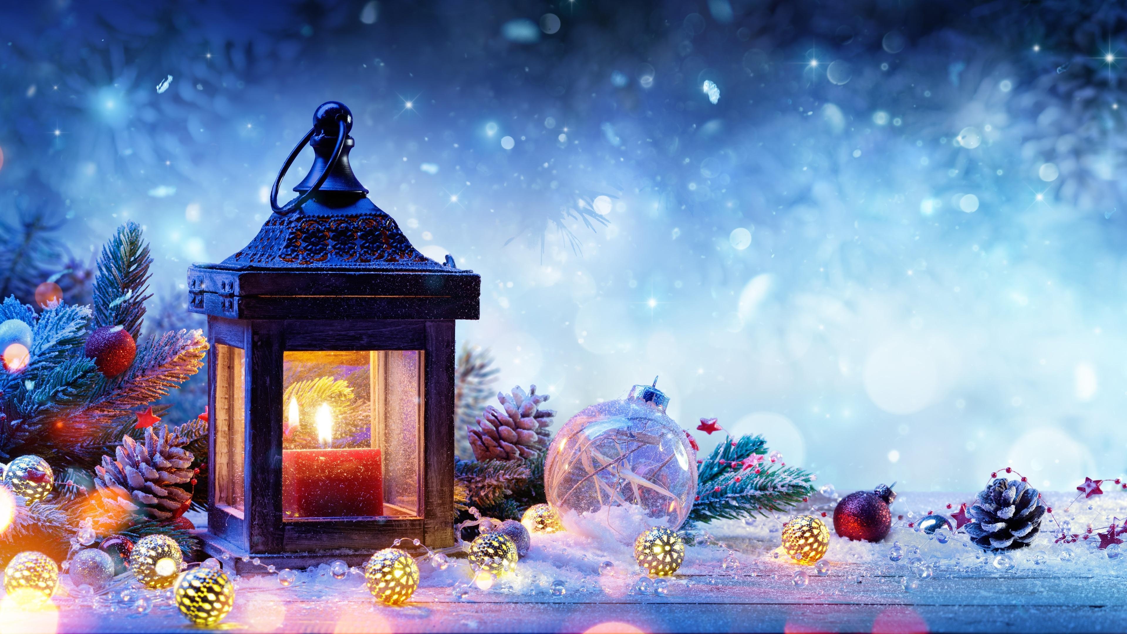 3840x2160 Wallpaper Christmas decorations, spruce, snow, lamp, balls, Desktop