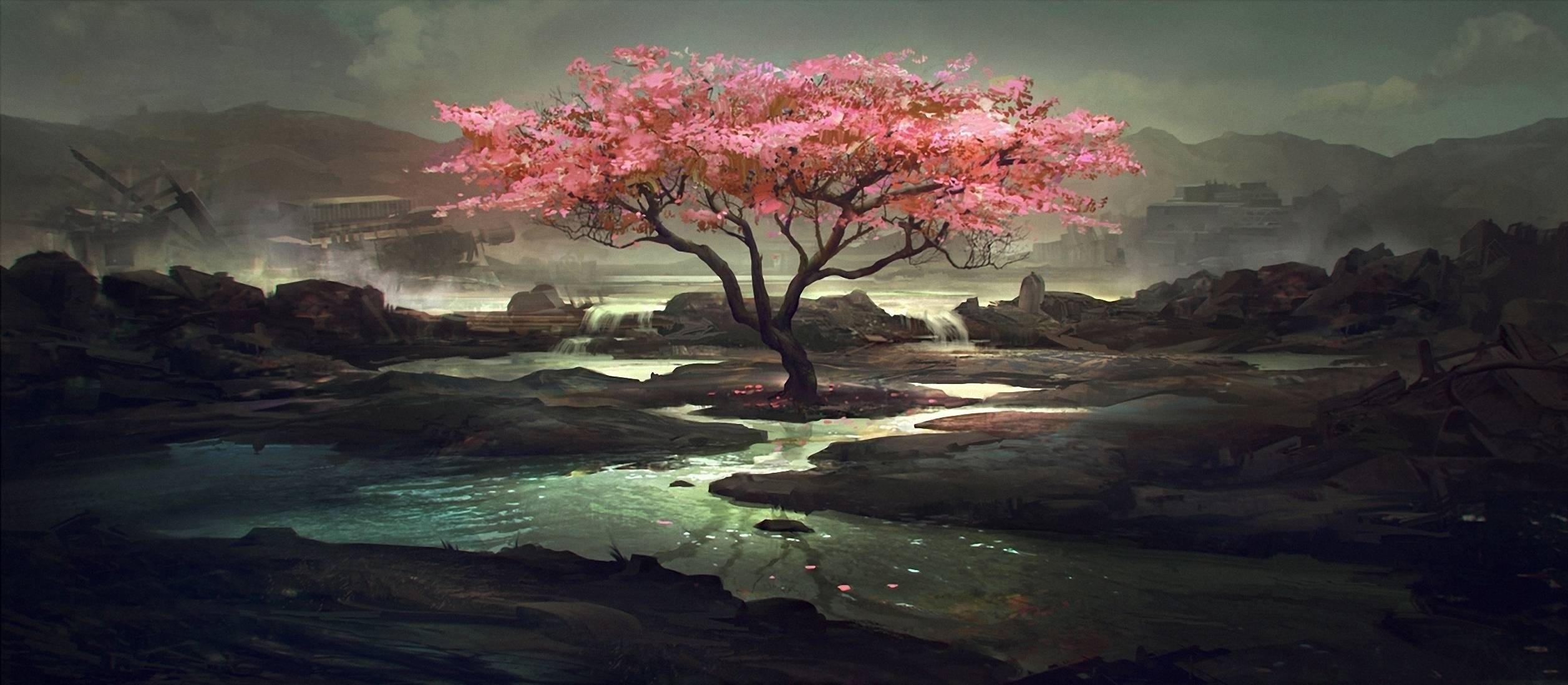 2520x1100 Tree Art Wallpaper, Dual Screen