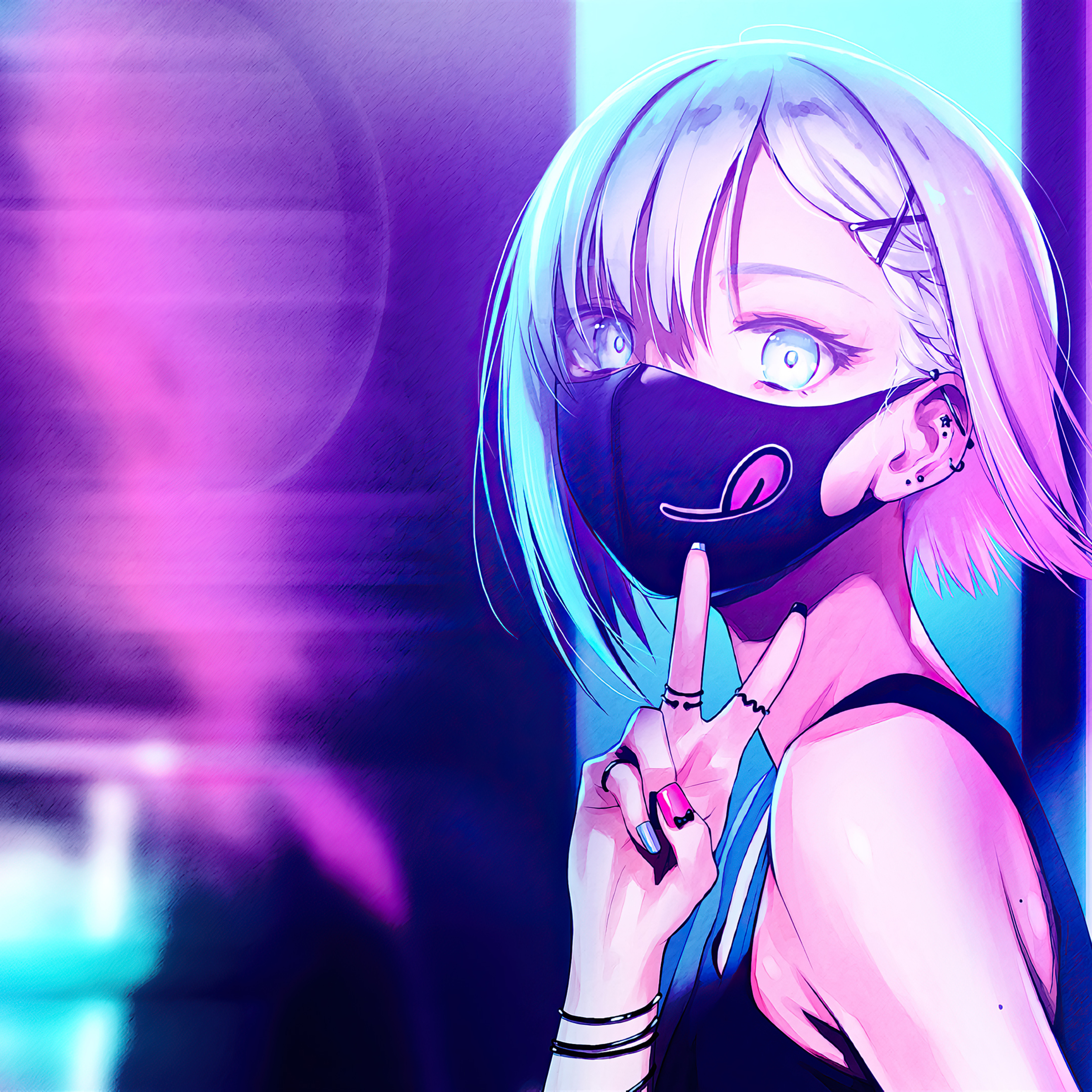 2940x2940 Anime Girl City Lights Neon Face Mask 4k iPad Pro Retina Display HD 4k Wallpaper, Image, Background, Photo and Picture, Phone