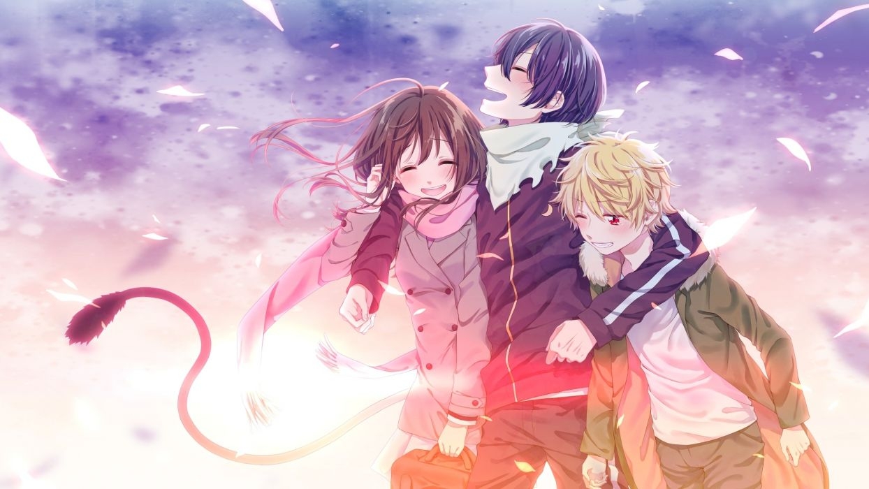 1250x700 Noragami Iki Hiyori Yato Yukine Leaves Happy Moments anime series, Desktop